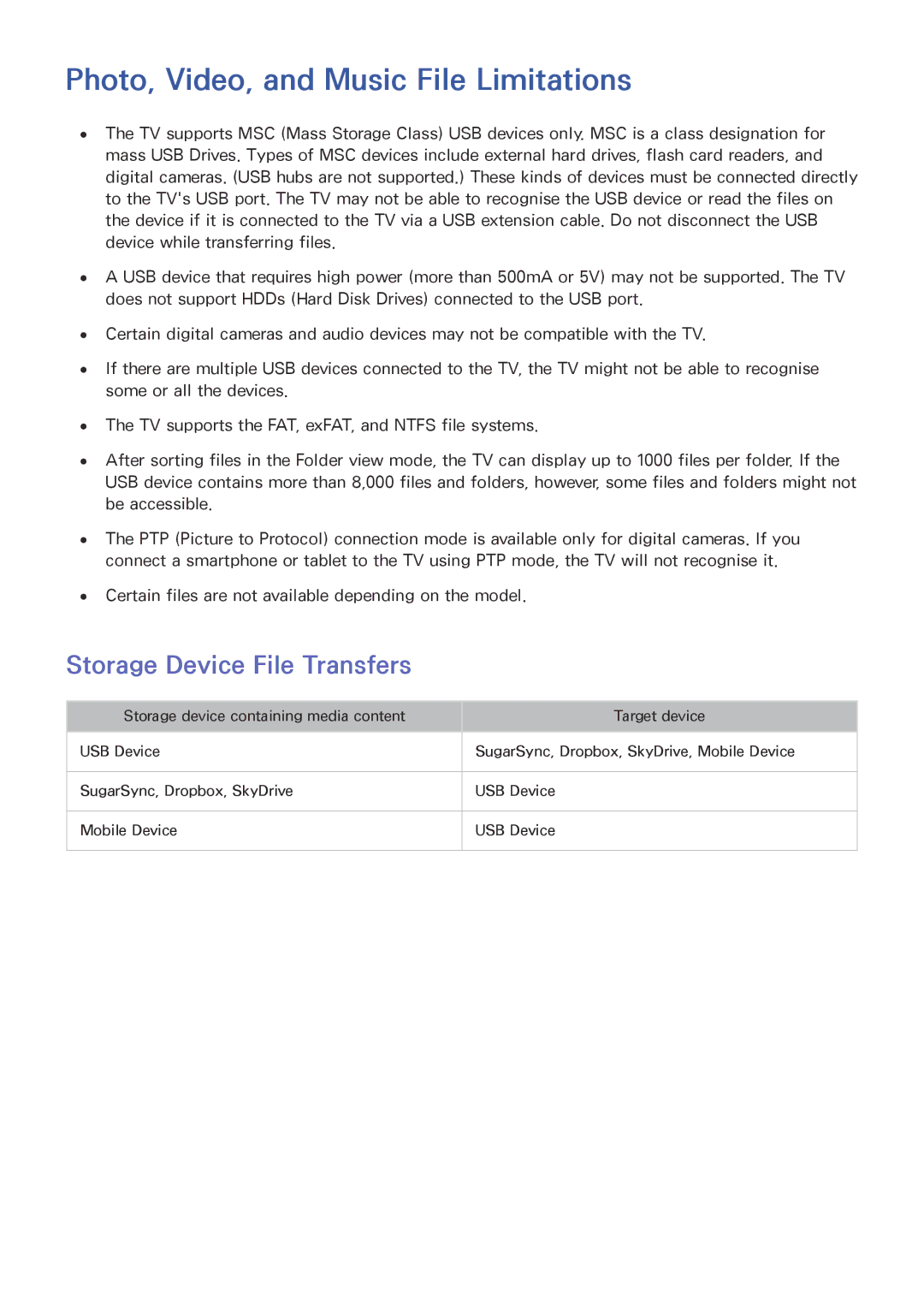 Samsung UE32J5205AKXXE, UE40J5250SSXZG manual Photo, Video, and Music File Limitations, Storage Device File Transfers 