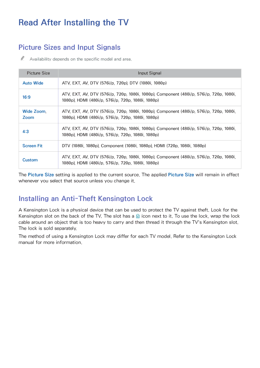 Samsung UE48J5200AUXRU, UE40J5250SSXZG, UE32J5250ASXZG manual Read After Installing the TV, Picture Sizes and Input Signals 