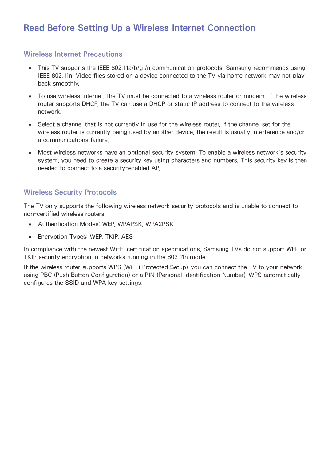 Samsung UA48J5200AWXSQ manual Read Before Setting Up a Wireless Internet Connection, Wireless Internet Precautions 