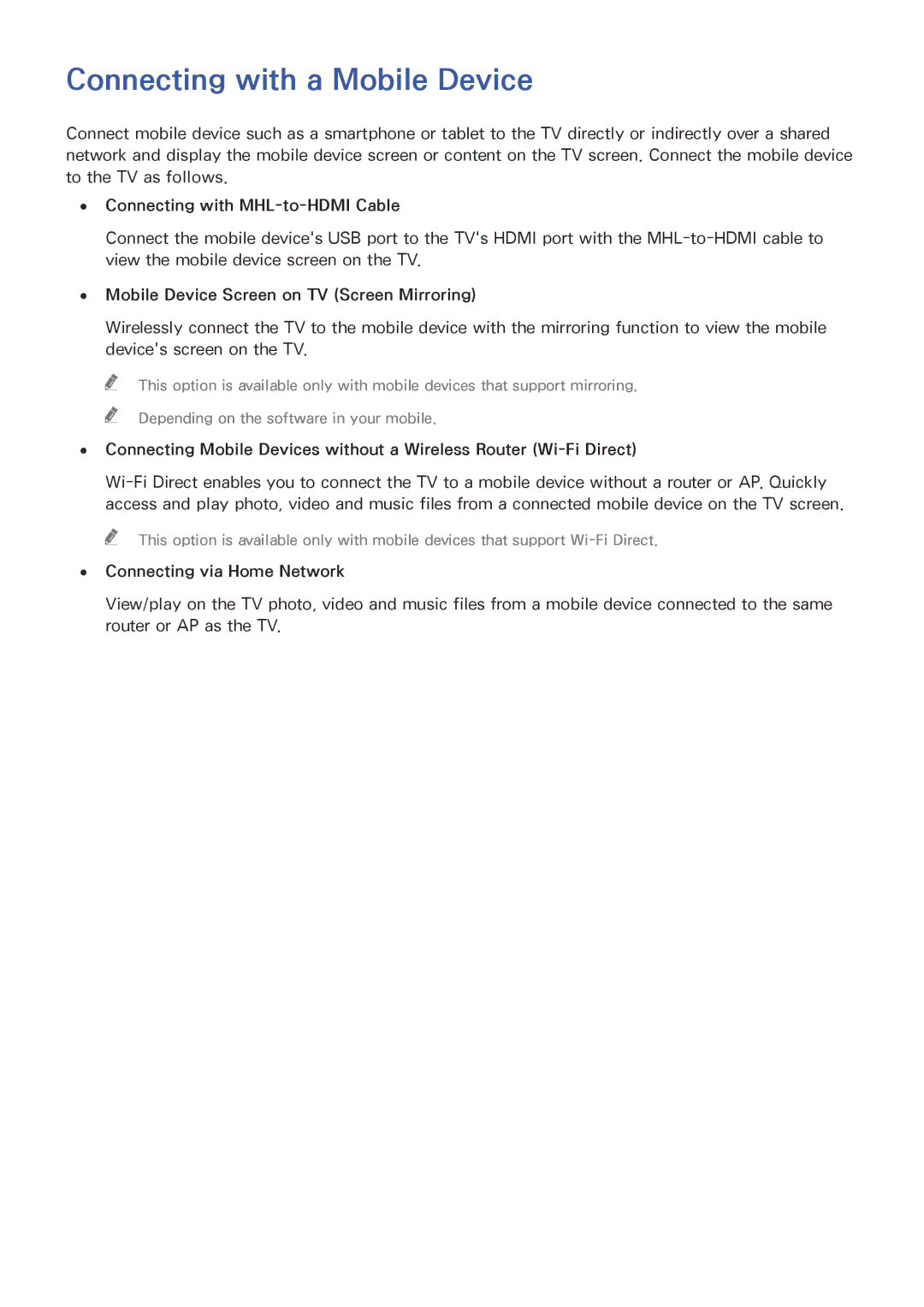 Samsung UE40J5200AKXZT, UE40J5250SSXZG, UE32J5250ASXZG Connecting with a Mobile Device, Connecting with MHL-to-HDMI Cable 