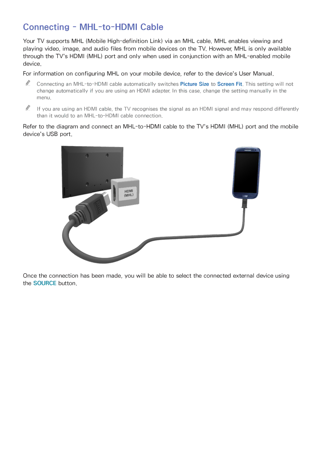 Samsung UE32J5200AWXXN, UE40J5250SSXZG, UE32J5250ASXZG, UE48J5250SSXZG, UE58J5200AWXXH manual Connecting MHL-to-HDMI Cable 