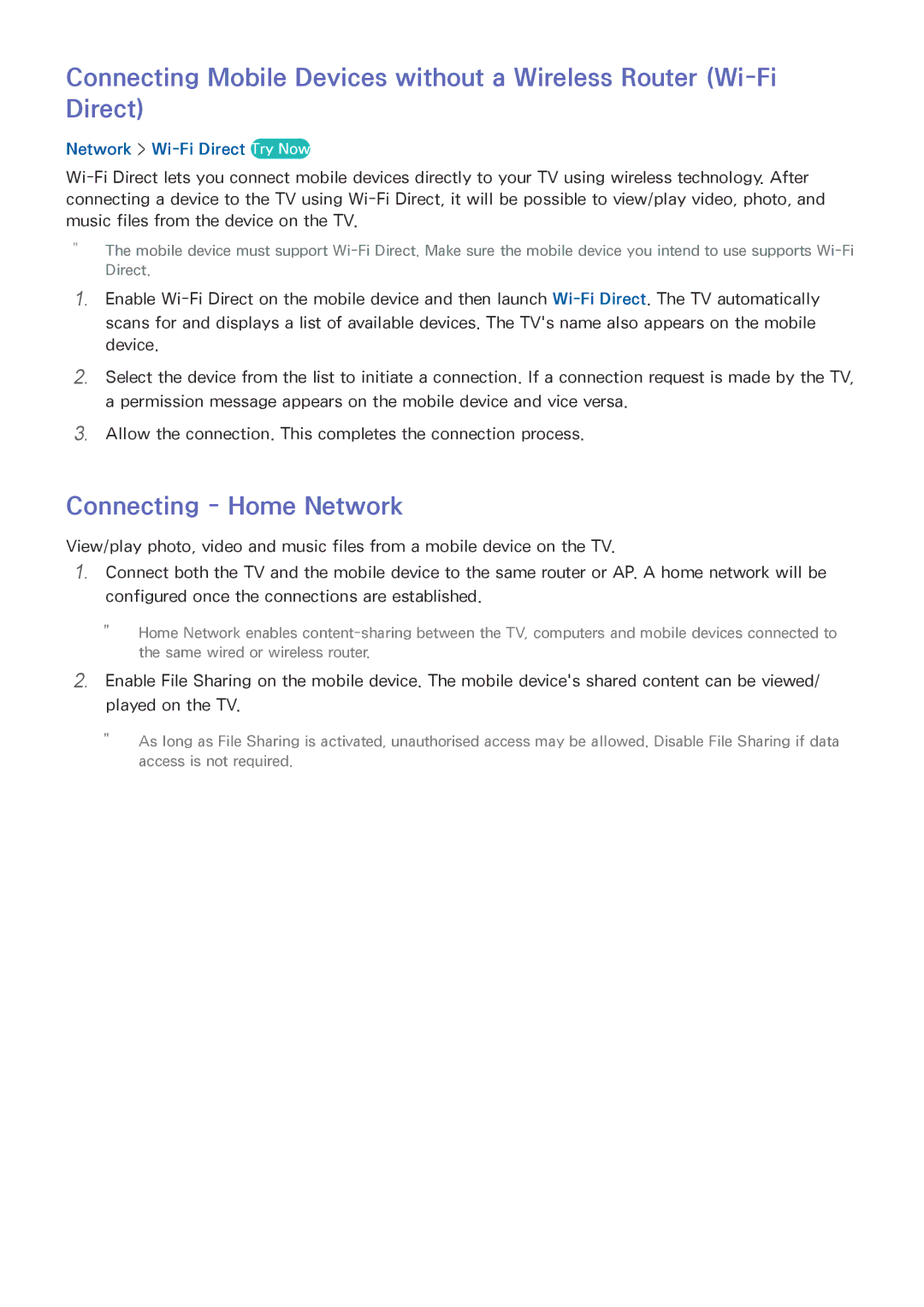 Samsung UE48J5200AWXXN, UE40J5250SSXZG, UE32J5250ASXZG, UE48J5250SSXZG Connecting Home Network, Network Wi-Fi Direct Try Now 