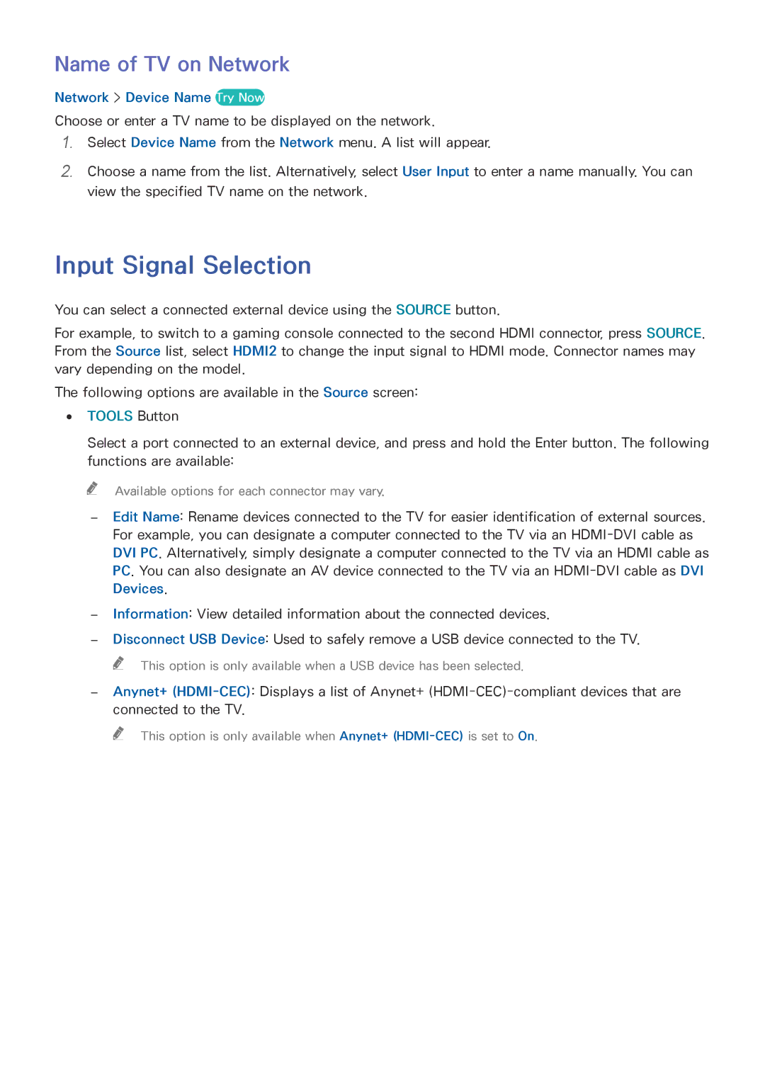 Samsung UE48J5200AKXZT, UE40J5250SSXZG manual Input Signal Selection, Name of TV on Network, Network Device Name Try Now 