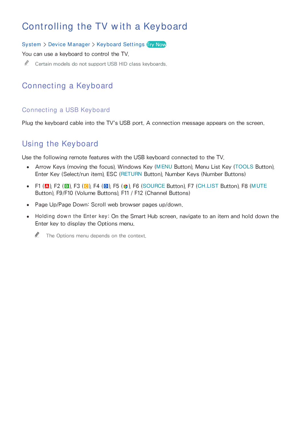 Samsung UE50J6100AKXZT, UE40J5250SSXZG manual Controlling the TV with a Keyboard, Connecting a Keyboard, Using the Keyboard 