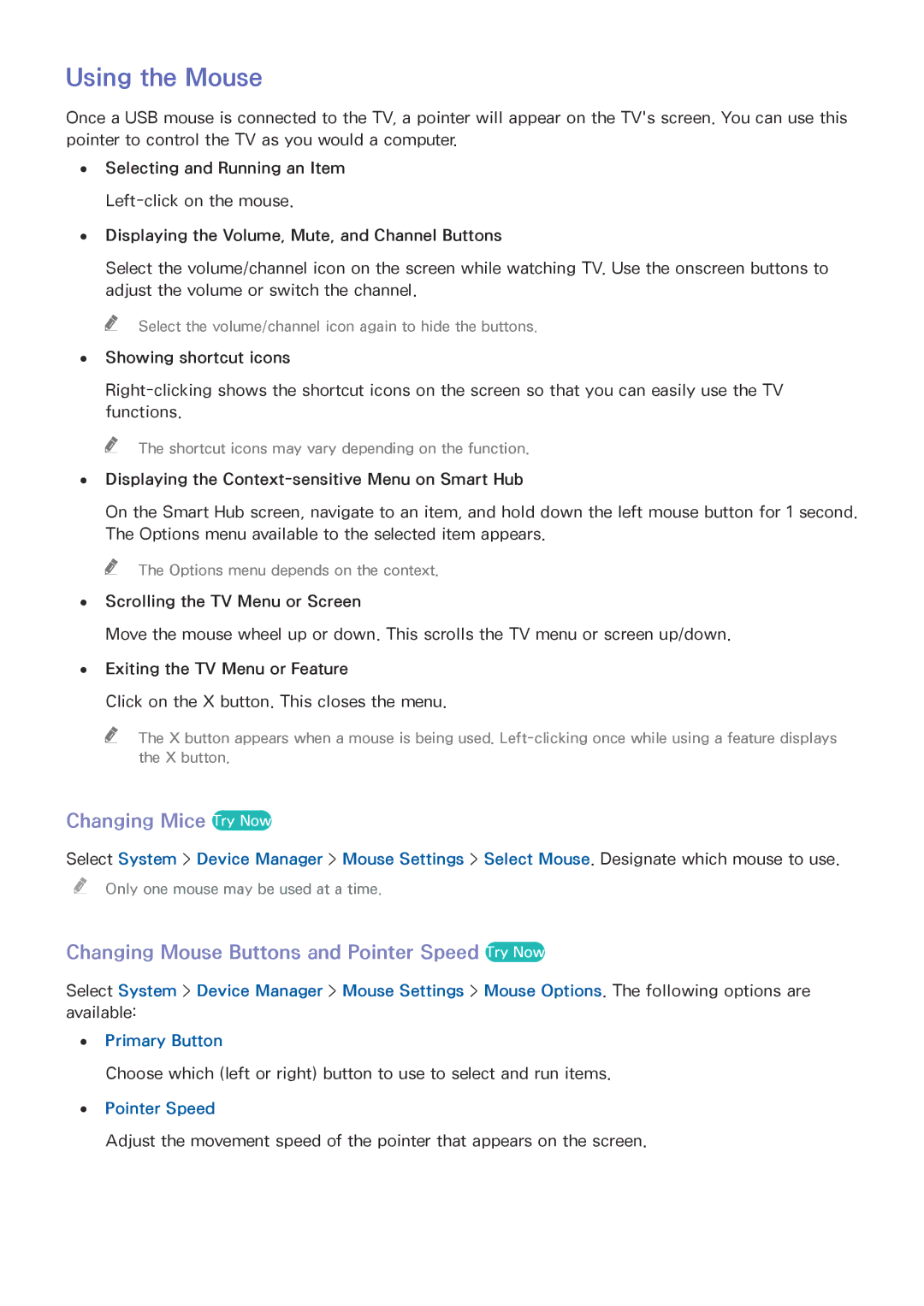 Samsung UE48J5270SSXZG manual Using the Mouse, Changing Mice Try Now, Changing Mouse Buttons and Pointer Speed Try Now 