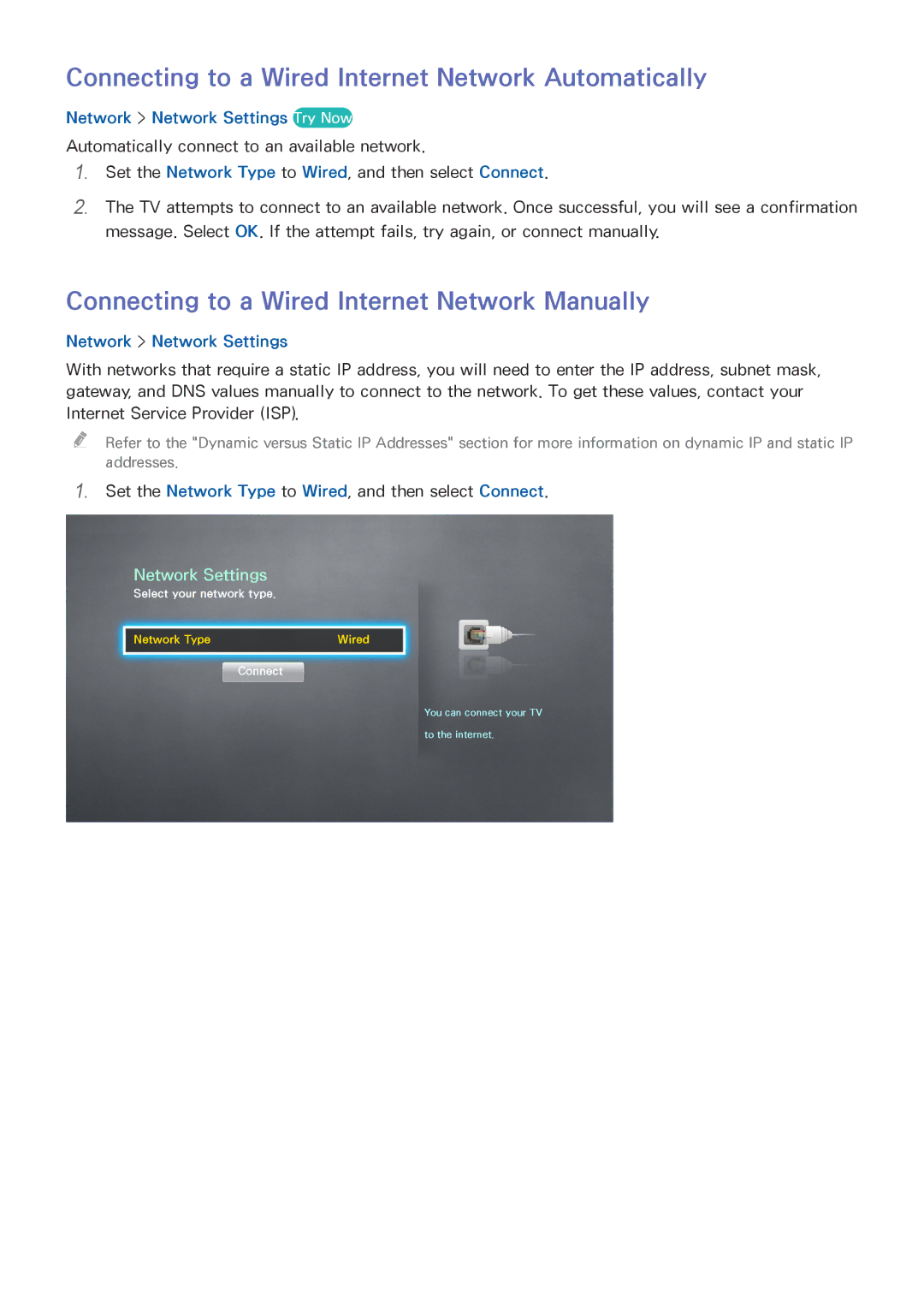 Samsung UE32J4510AWXXC manual Connecting to a Wired Internet Network Automatically, Network Network Settings Try Now 