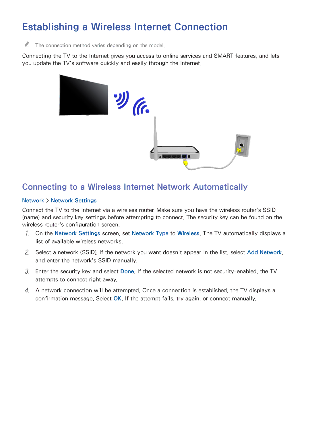 Samsung UE32J4500AWXXC, UE40J5250SSXZG, UE32J5250ASXZG, UE48J5250SSXZG manual Establishing a Wireless Internet Connection 