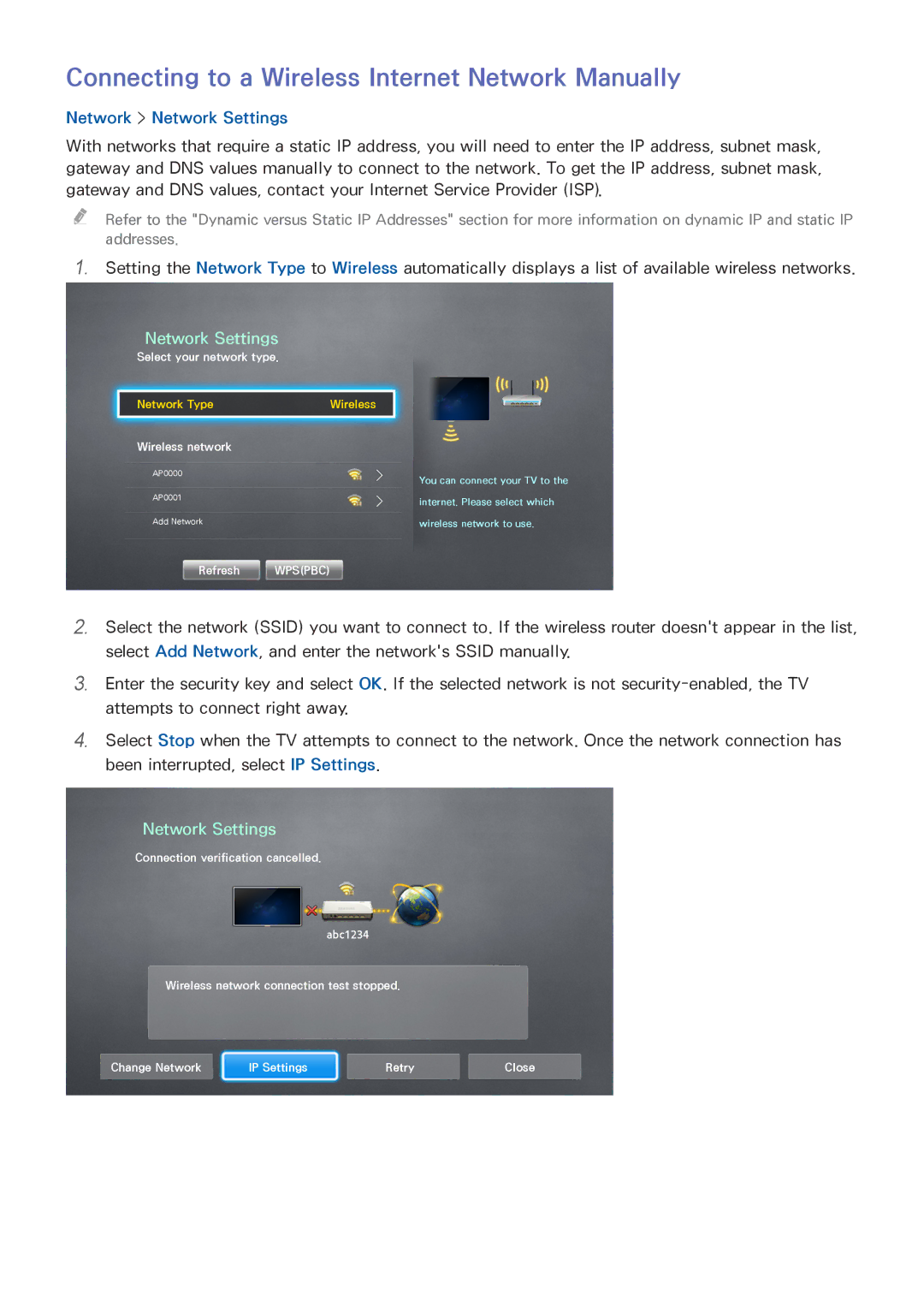 Samsung UE48J5200AWXXC, UE40J5250SSXZG, UE32J5250ASXZG Connecting to a Wireless Internet Network Manually, Wireless network 