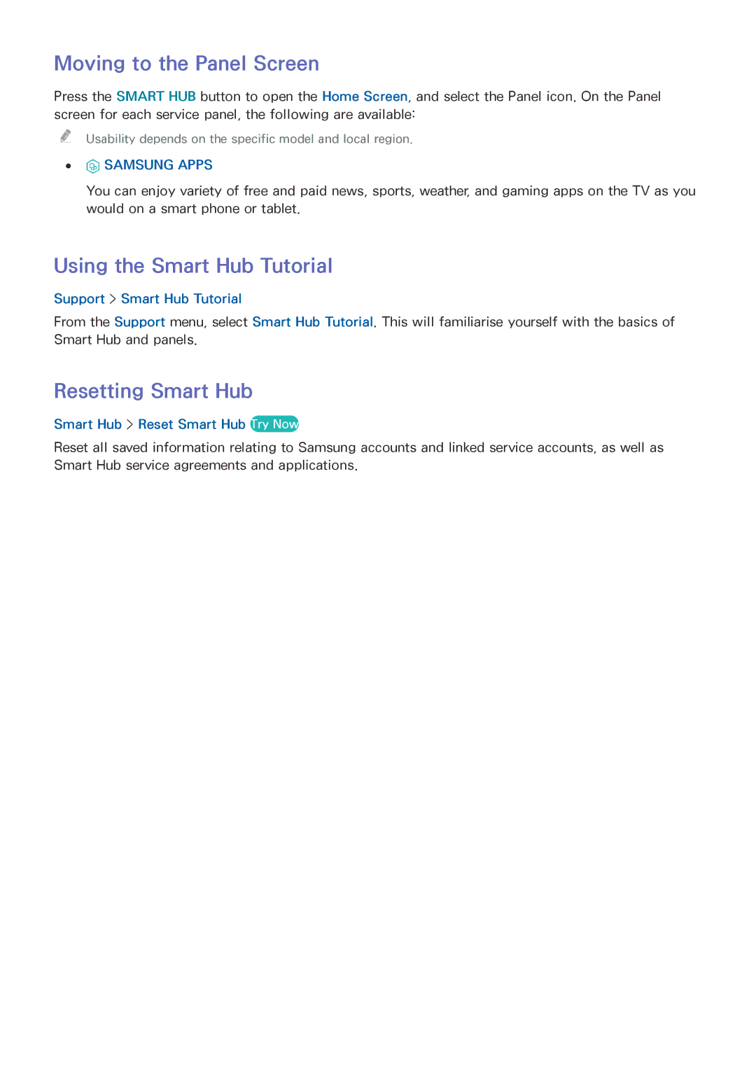 Samsung UE40J5200AKXXU, UE40J5250SSXZG manual Moving to the Panel Screen, Using the Smart Hub Tutorial, Resetting Smart Hub 