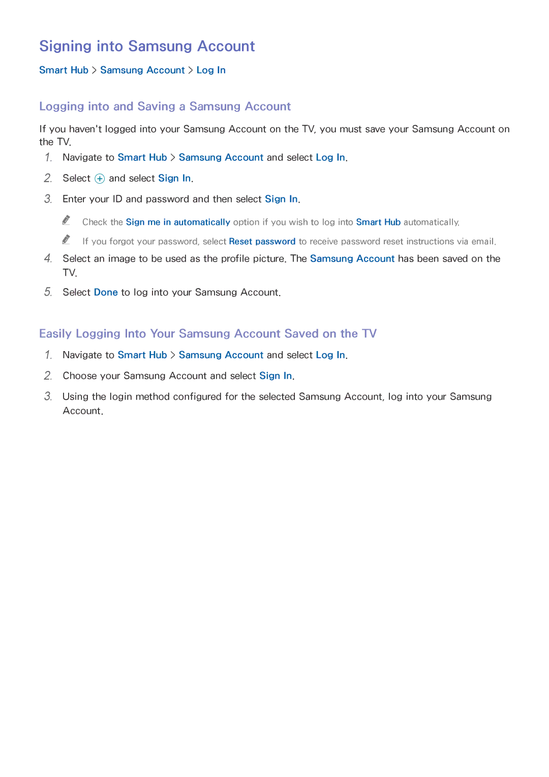 Samsung UE32J4500AKXXU, UE40J5250SSXZG manual Signing into Samsung Account, Logging into and Saving a Samsung Account 