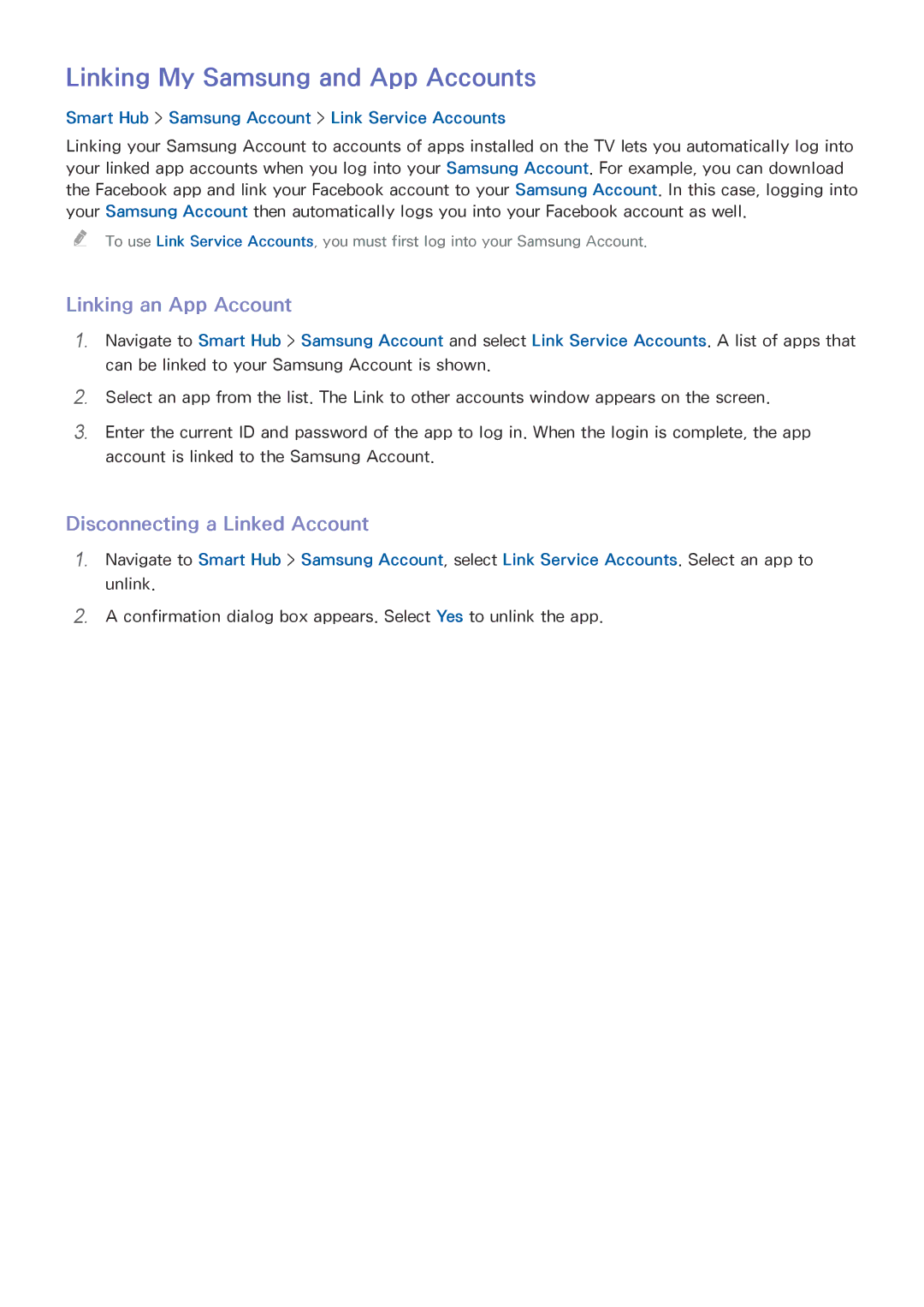 Samsung UE40J5205AKXXE manual Linking My Samsung and App Accounts, Linking an App Account, Disconnecting a Linked Account 