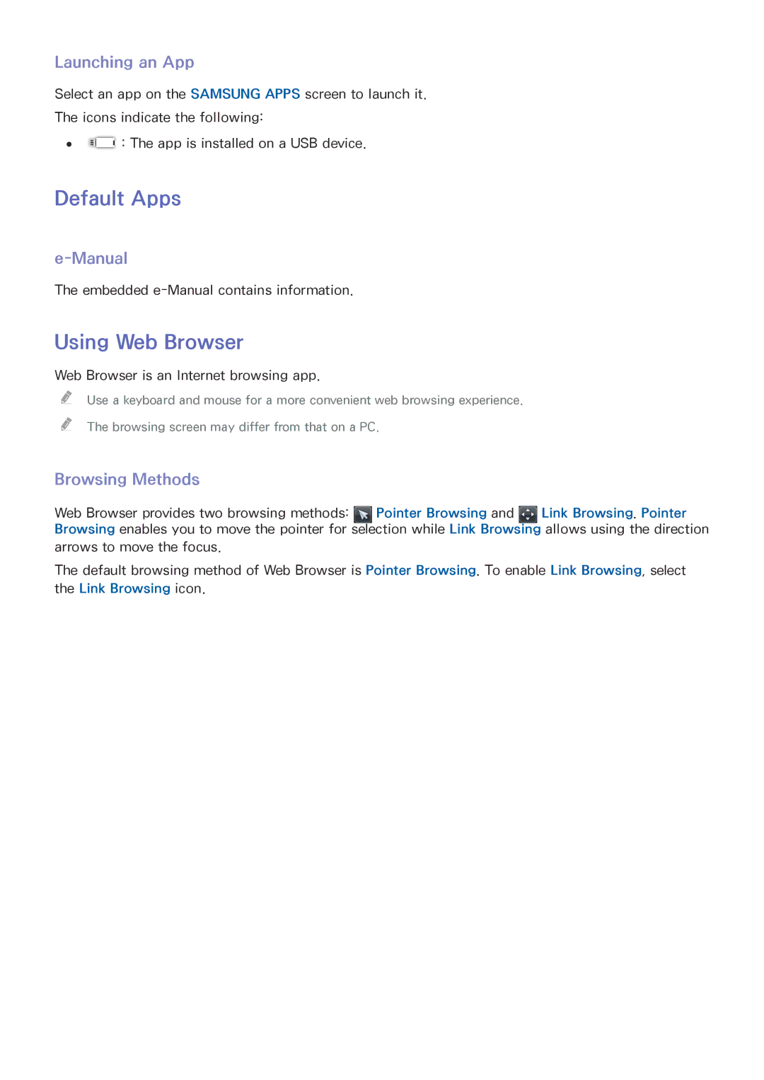 Samsung UE50J6100AKXXU, UE40J5250SSXZG manual Default Apps, Using Web Browser, Launching an App, Manual, Browsing Methods 