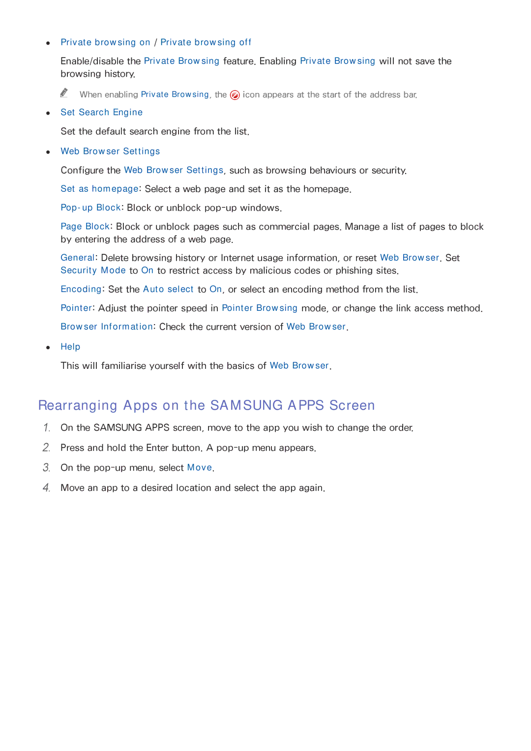 Samsung UE48J5205AKXXE manual Rearranging Apps on the Samsung Apps Screen, Private browsing on / Private browsing off, Help 