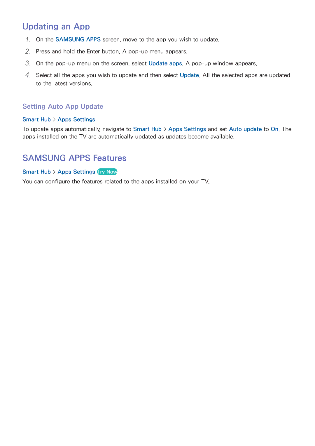 Samsung UE60J6100AKXXU manual Updating an App, Samsung Apps Features, Setting Auto App Update, Smart Hub Apps Settings 