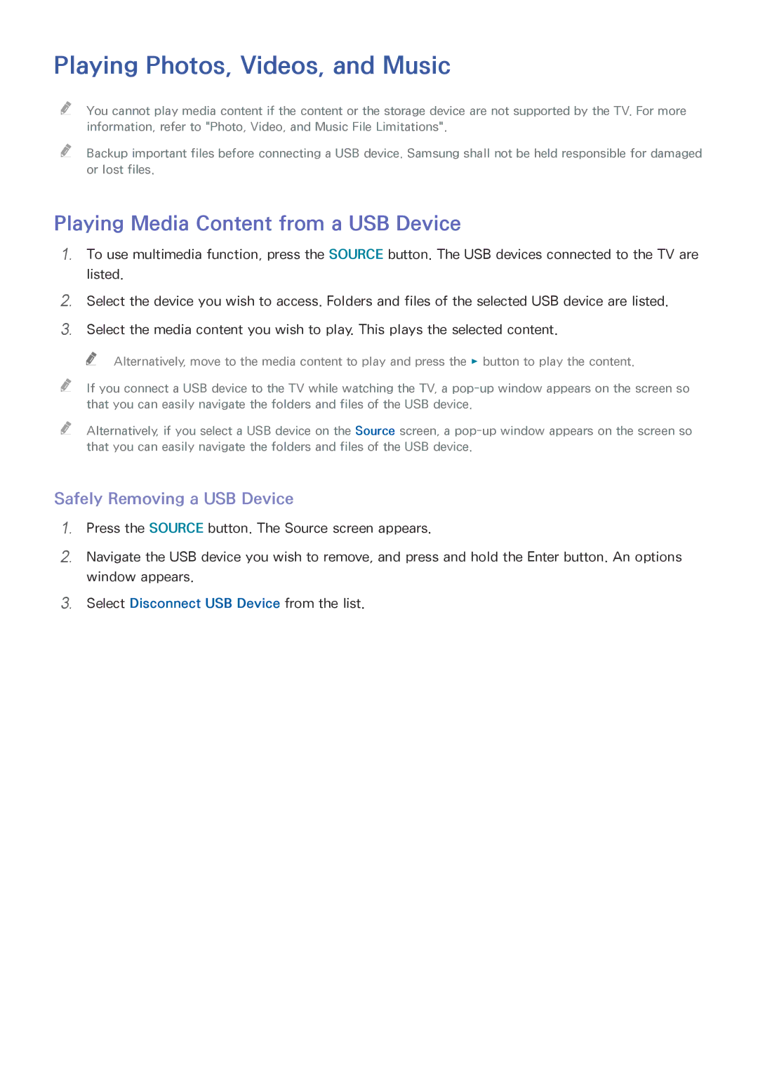 Samsung UE50J6100AKXXC, UE40J5250SSXZG manual Playing Photos, Videos, and Music, Playing Media Content from a USB Device 