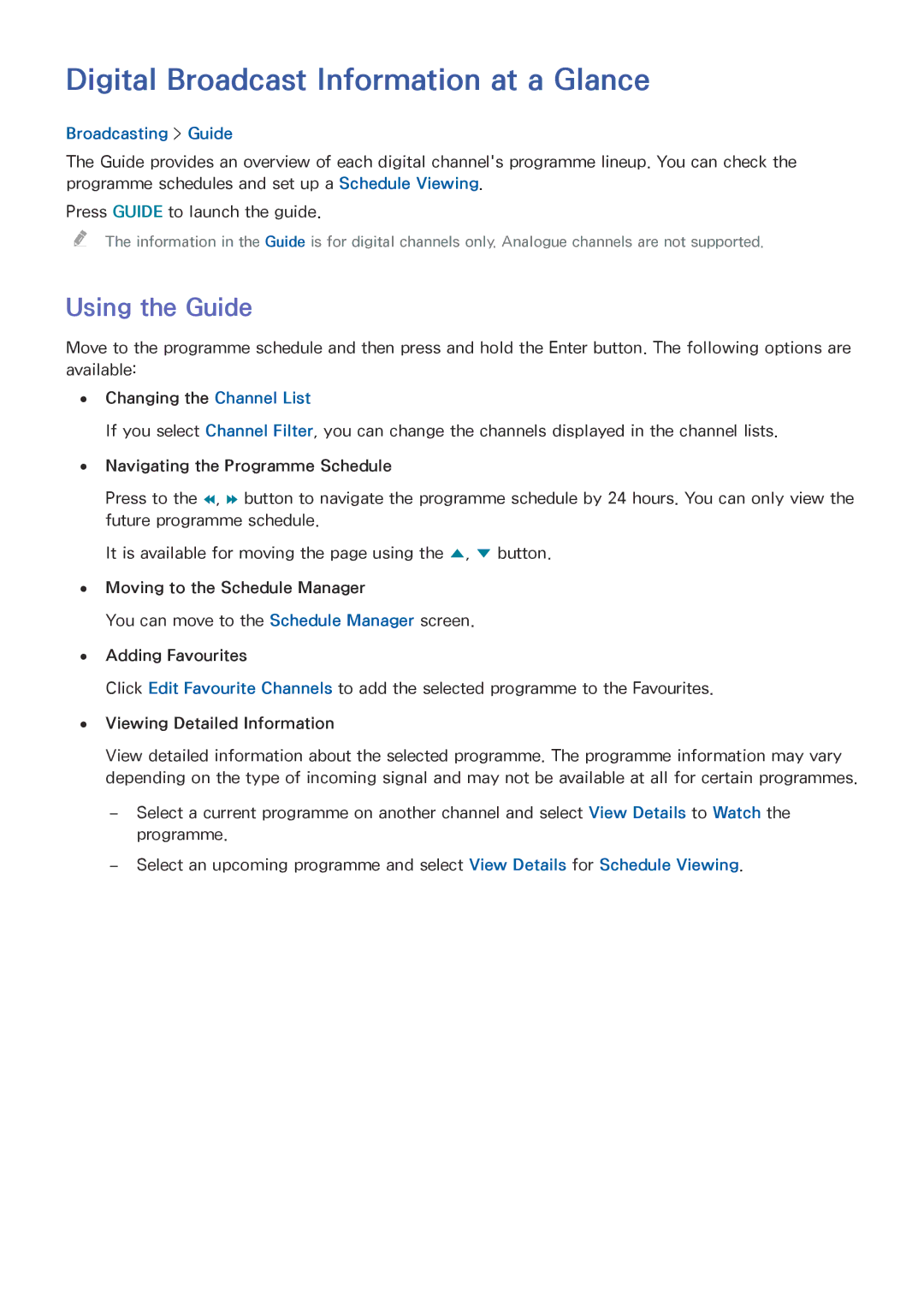 Samsung UE48J5200AUXRU, UE40J5250SSXZG manual Digital Broadcast Information at a Glance, Using the Guide, Broadcasting Guide 