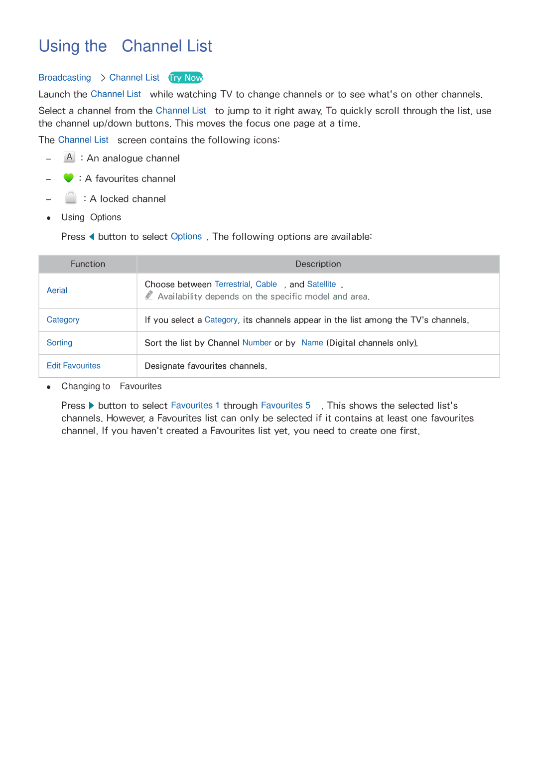 Samsung UE32J4710AKXRU Using the Channel List, Broadcasting Channel List Try Now, Using Options, Changing to Favourites 