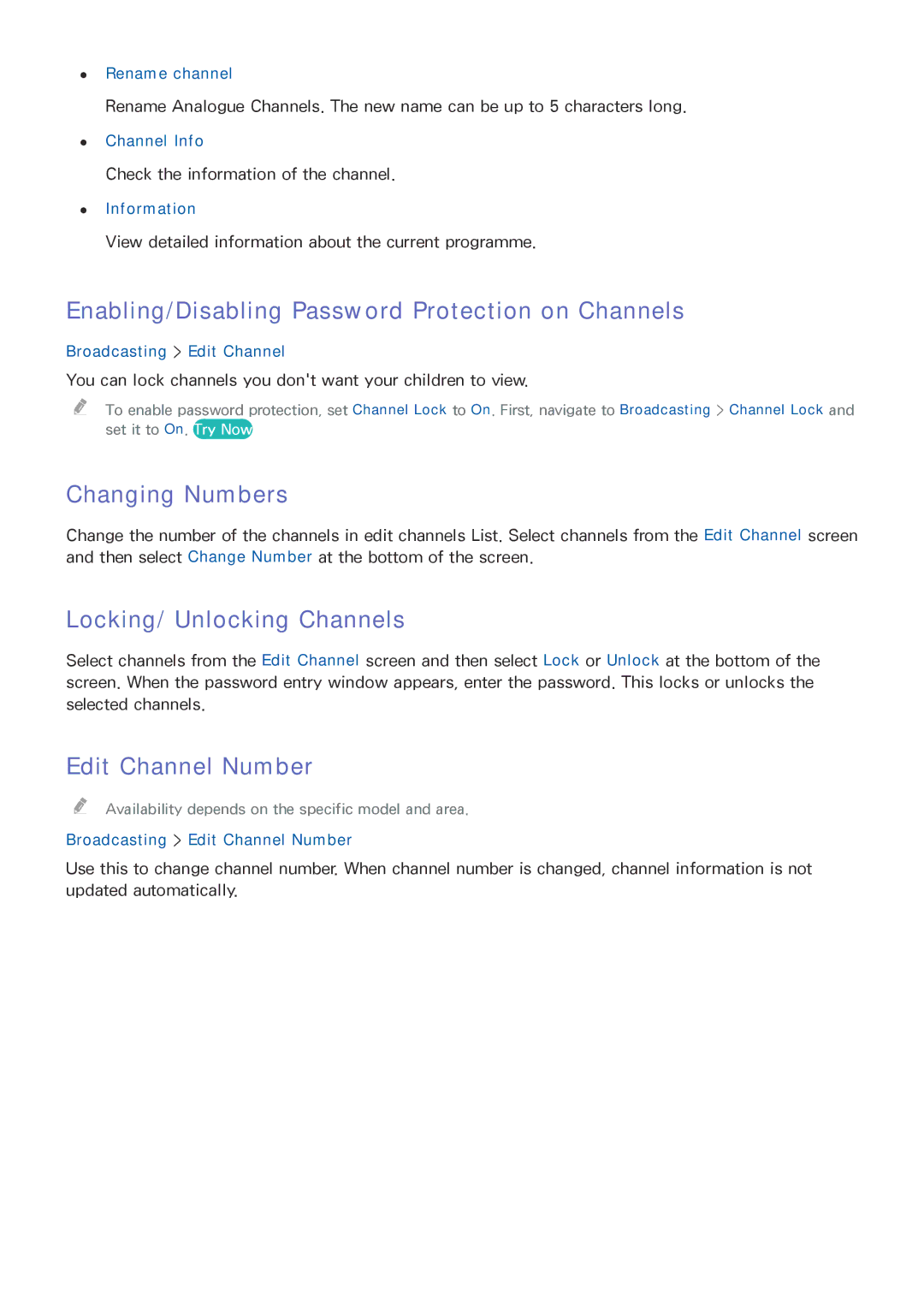 Samsung UE49J5300AUXRU Enabling/Disabling Password Protection on Channels, Changing Numbers, Locking/ Unlocking Channels 