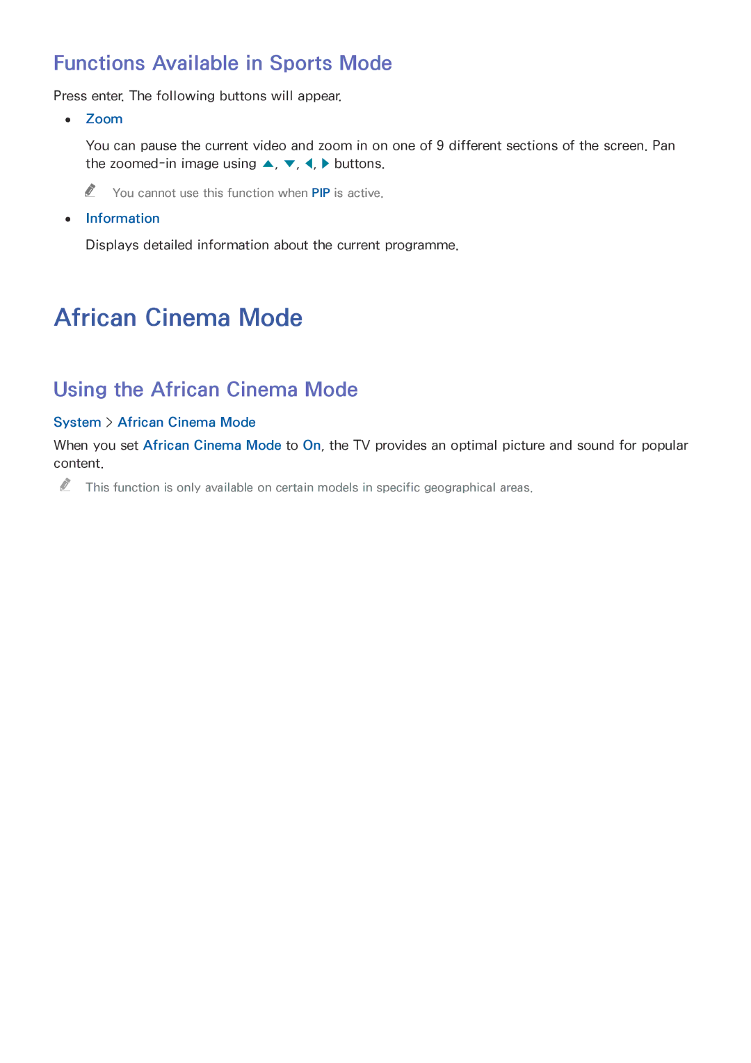 Samsung UE40J5250SSXZG Functions Available in Sports Mode, Using the African Cinema Mode, System African Cinema Mode 