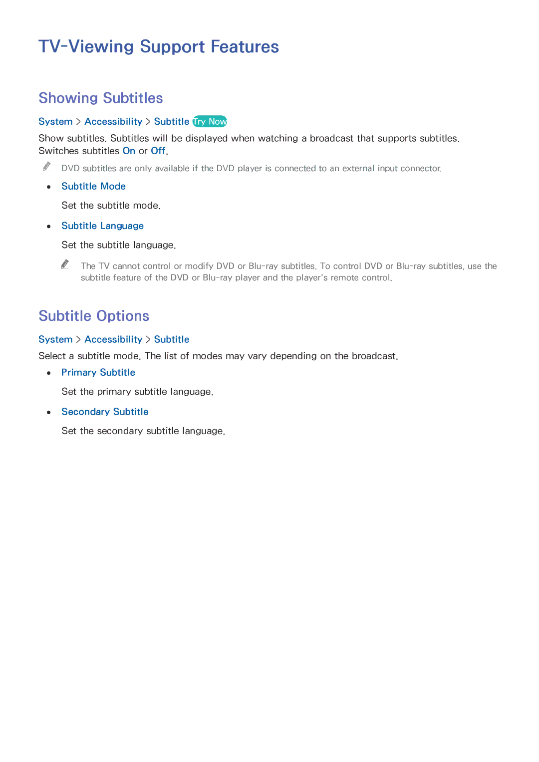 Samsung UE32J5250ASXZG, UE40J5250SSXZG, UE48J5250SSXZG TV-Viewing Support Features, Showing Subtitles, Subtitle Options 