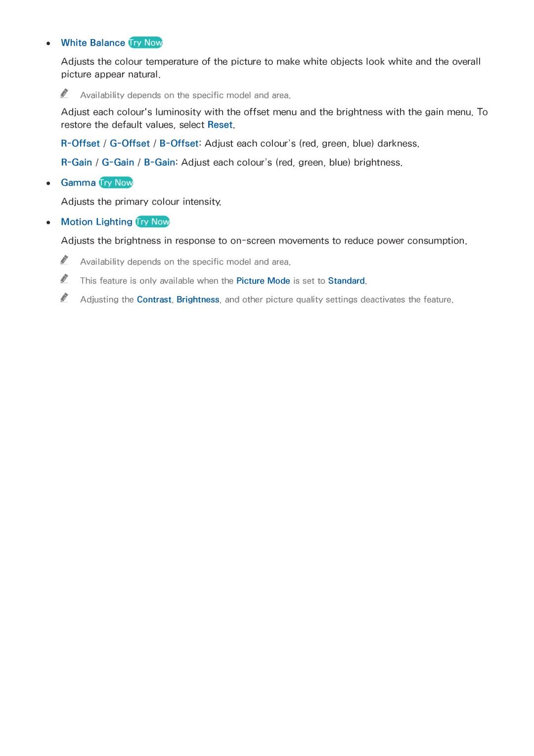 Samsung UE49J5200AWXZF, UE40J5250SSXZG, UE32J5250ASXZG, UE48J5250SSXZG manual White Balance Try Now, Motion Lighting Try Now 