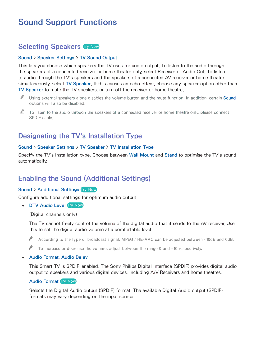 Samsung UE40J5200AWXXN manual Sound Support Functions, Selecting Speakers Try Now, Designating the TVs Installation Type 