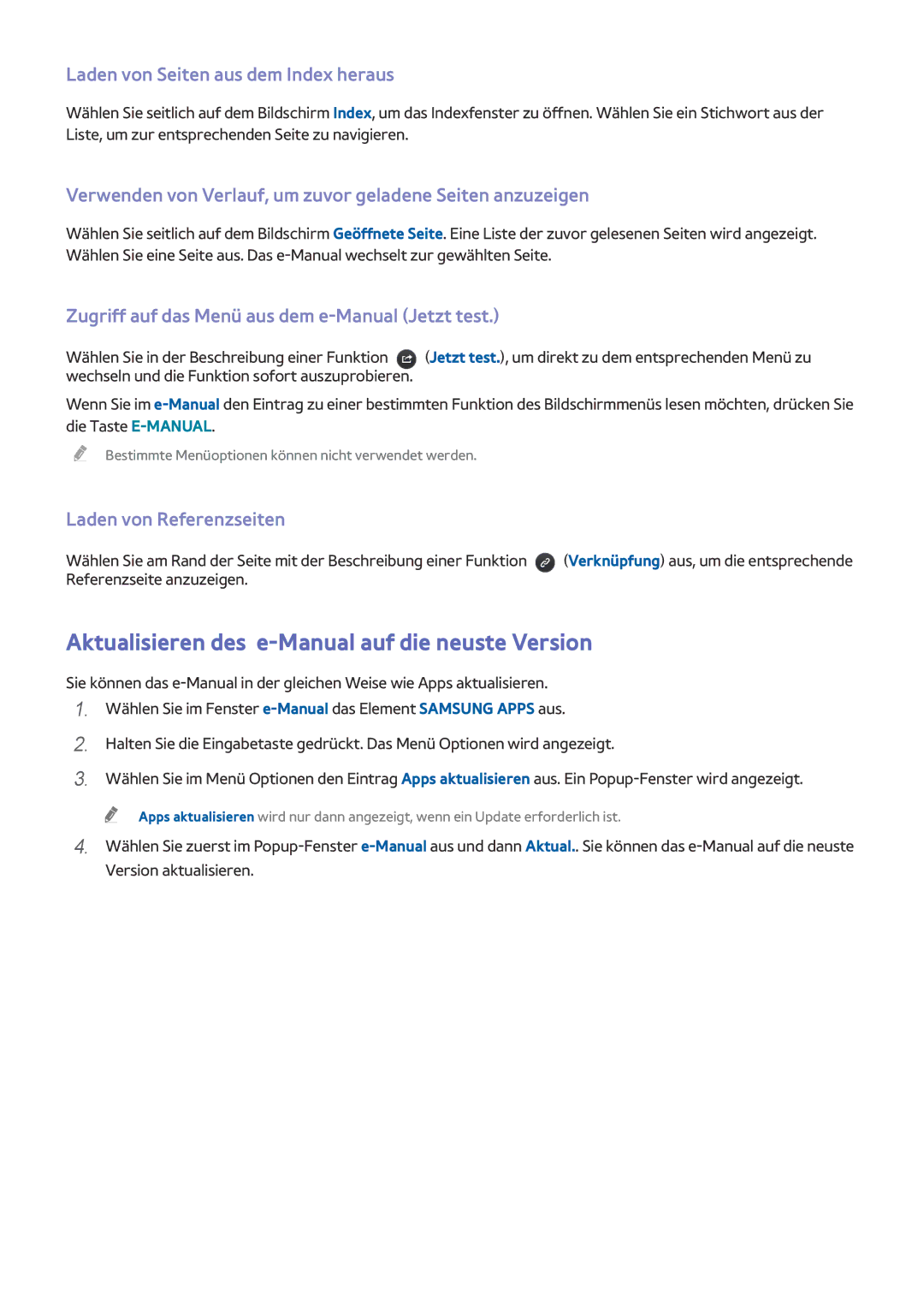 Samsung UE48J5200AWXZF manual Aktualisieren des e-Manual auf die neuste Version, Laden von Seiten aus dem Index heraus 