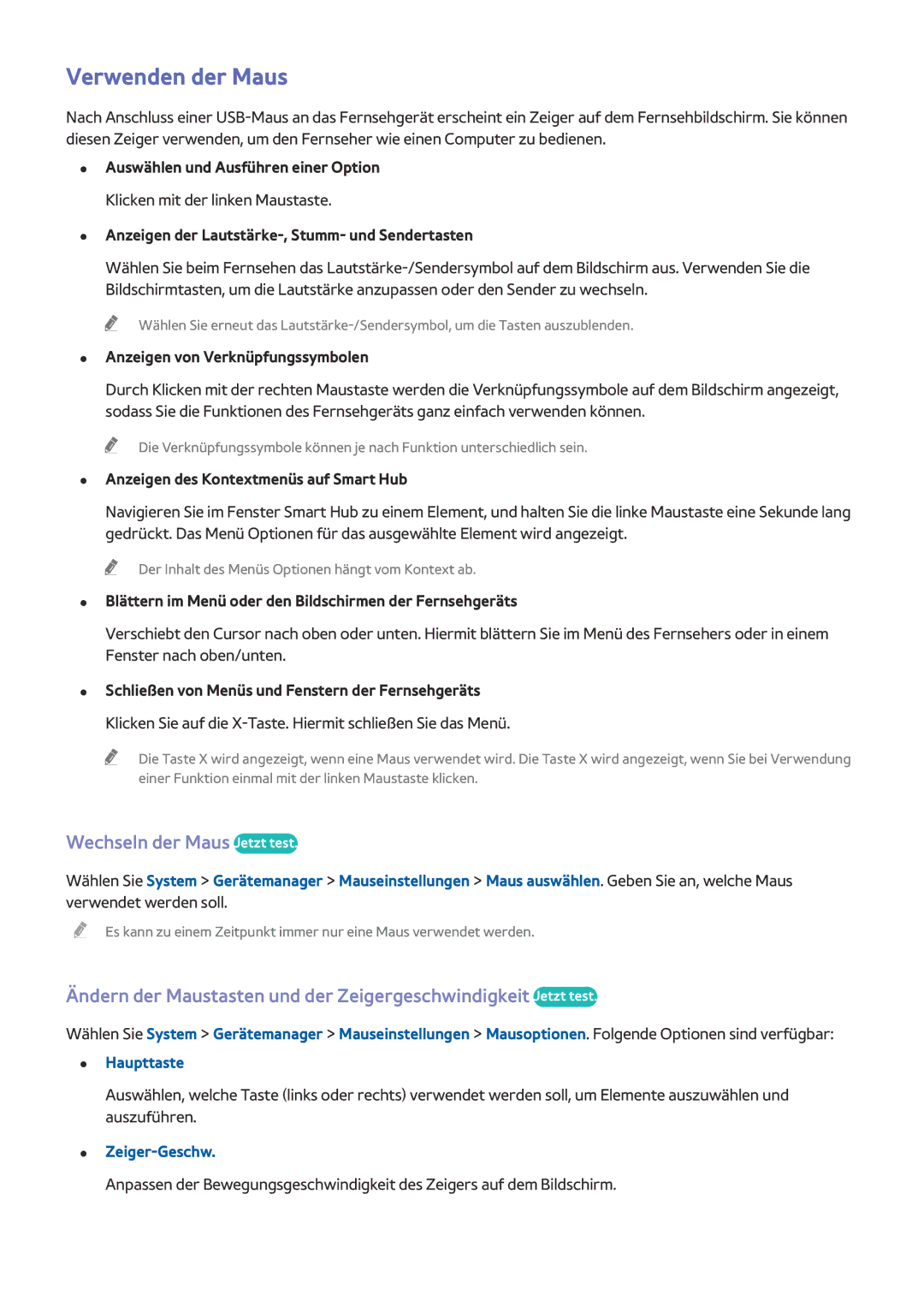 Samsung UE32J4500AWXXH, UE40J5250SSXZG, UE32J5250ASXZG manual Verwenden der Maus, Wechseln der Maus Jetzt test, Zeiger-Geschw 