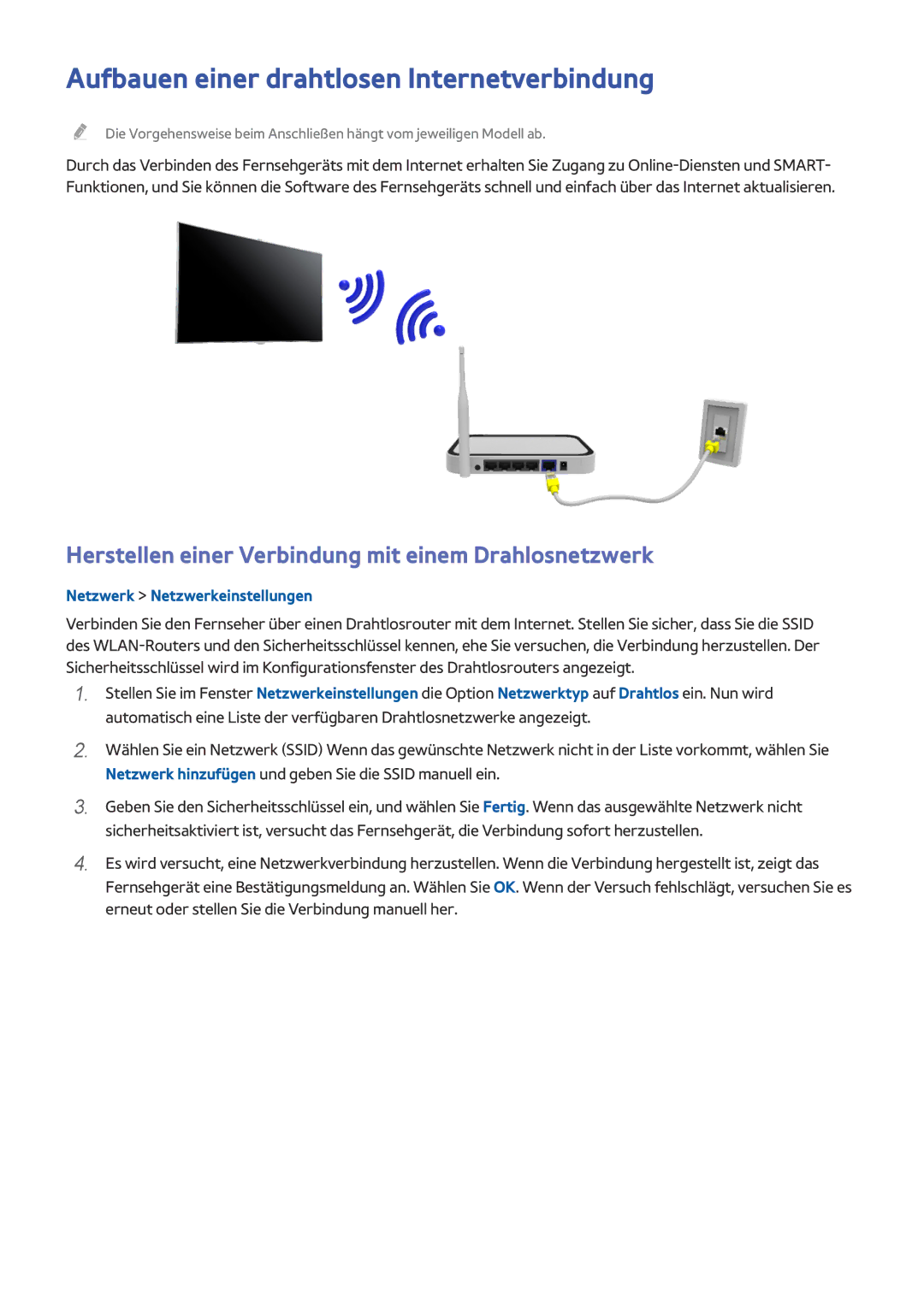 Samsung UE49J5200AWXZF Aufbauen einer drahtlosen Internetverbindung, Herstellen einer Verbindung mit einem Drahlosnetzwerk 