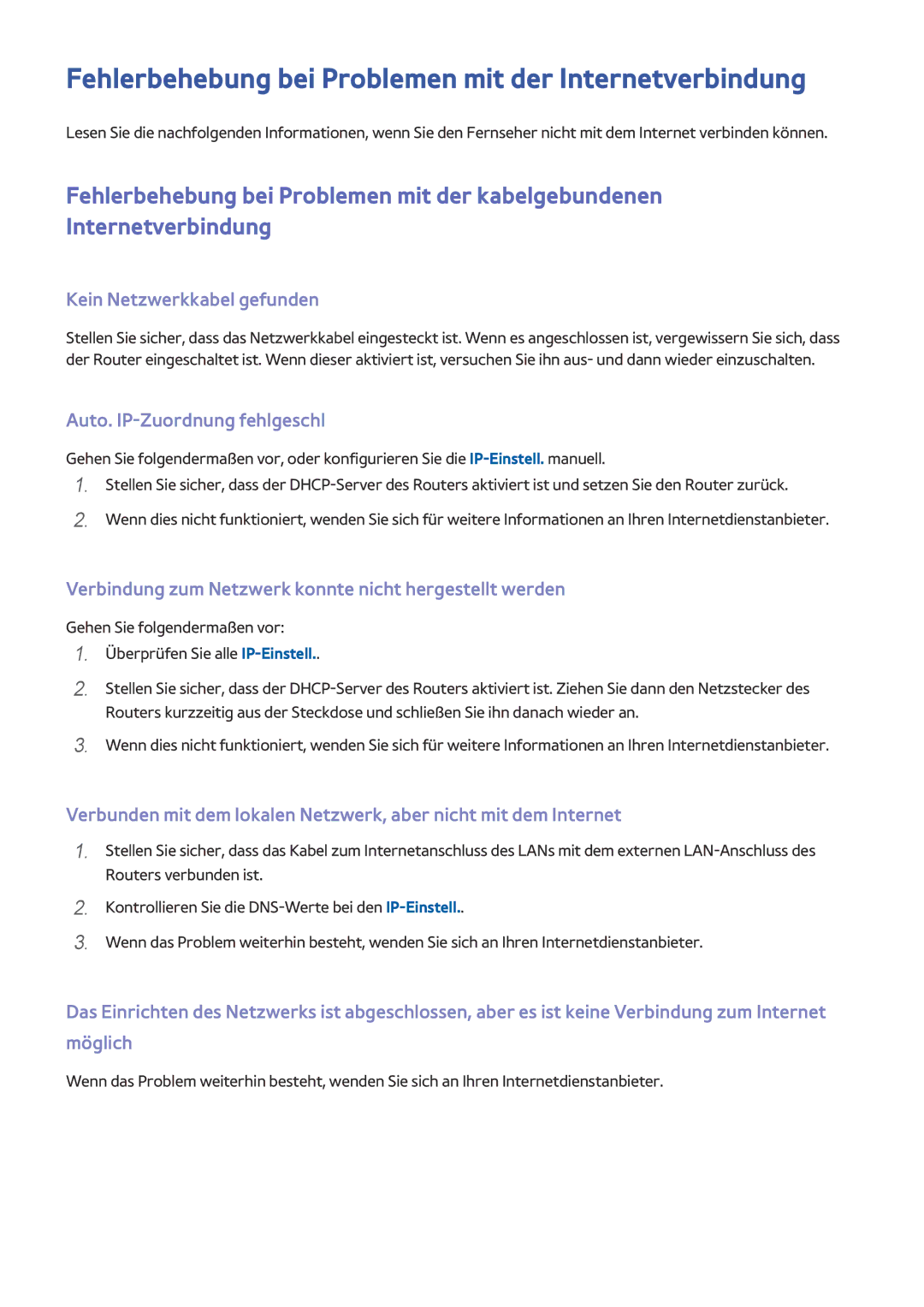 Samsung UE58J5200AWXZF manual Fehlerbehebung bei Problemen mit der Internetverbindung, Kein Netzwerkkabel gefunden 