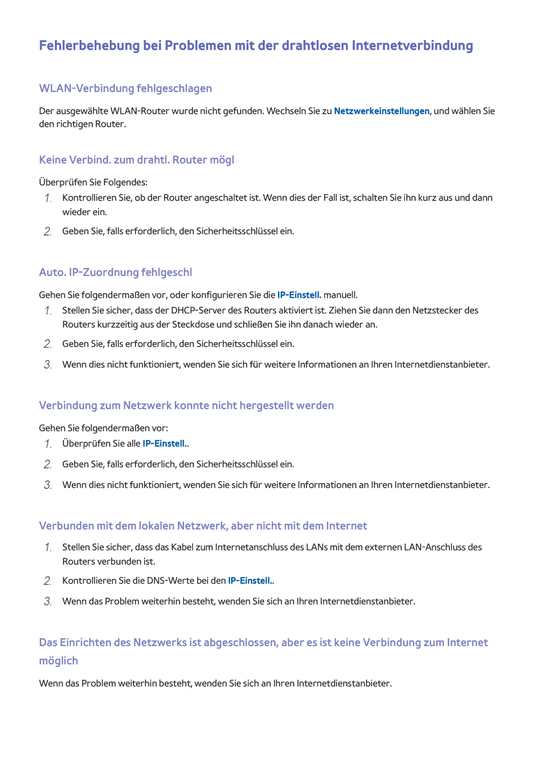 Samsung UE40J5250SSXZG, UE32J5250ASXZG manual WLAN-Verbindung fehlgeschlagen, Keine Verbind. zum drahtl. Router mögl 