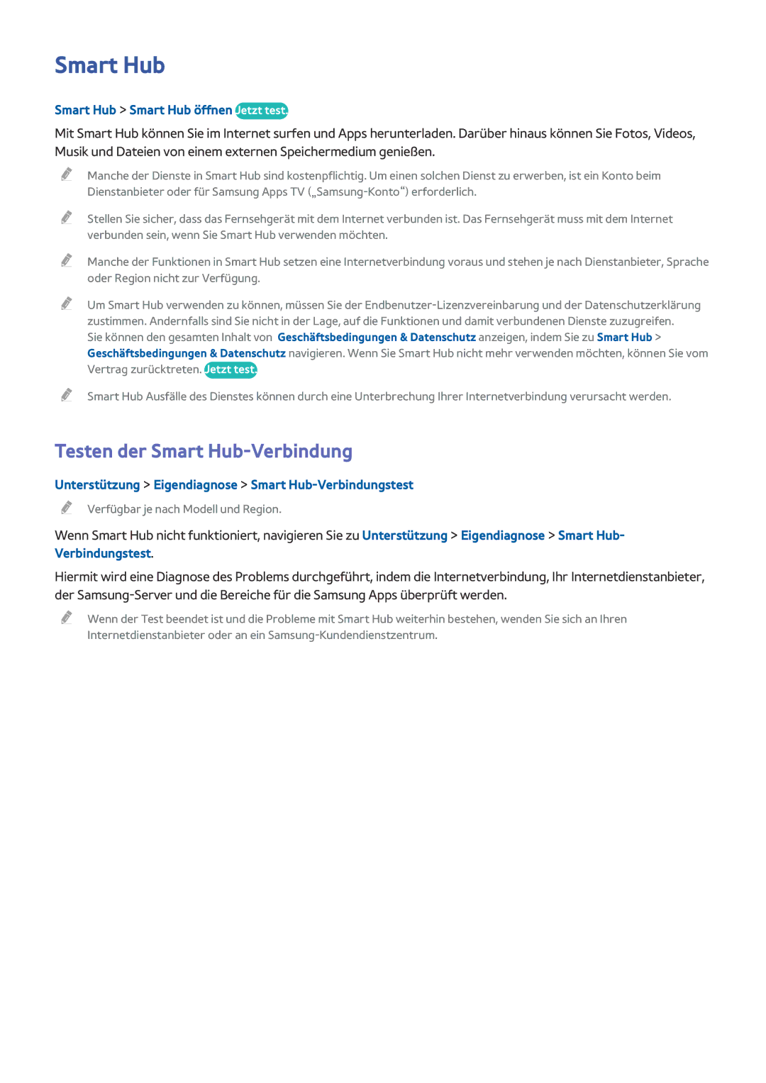 Samsung UE58J5200AWXXH, UE40J5250SSXZG manual Testen der Smart Hub-Verbindung, Smart Hub Smart Hub öffnen Jetzt test 