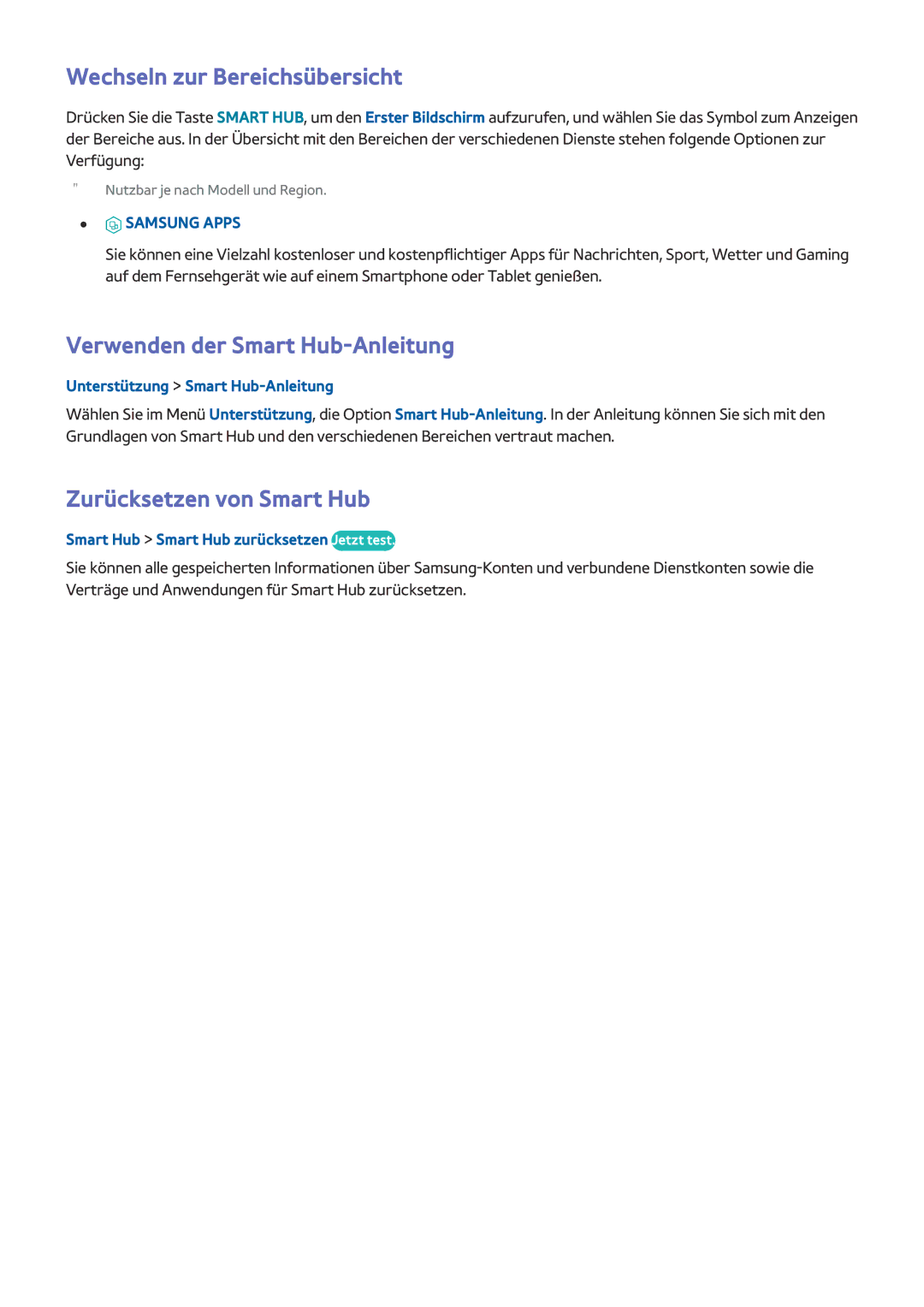 Samsung UE32J4570SSXZG manual Wechseln zur Bereichsübersicht, Verwenden der Smart Hub-Anleitung, Zurücksetzen von Smart Hub 
