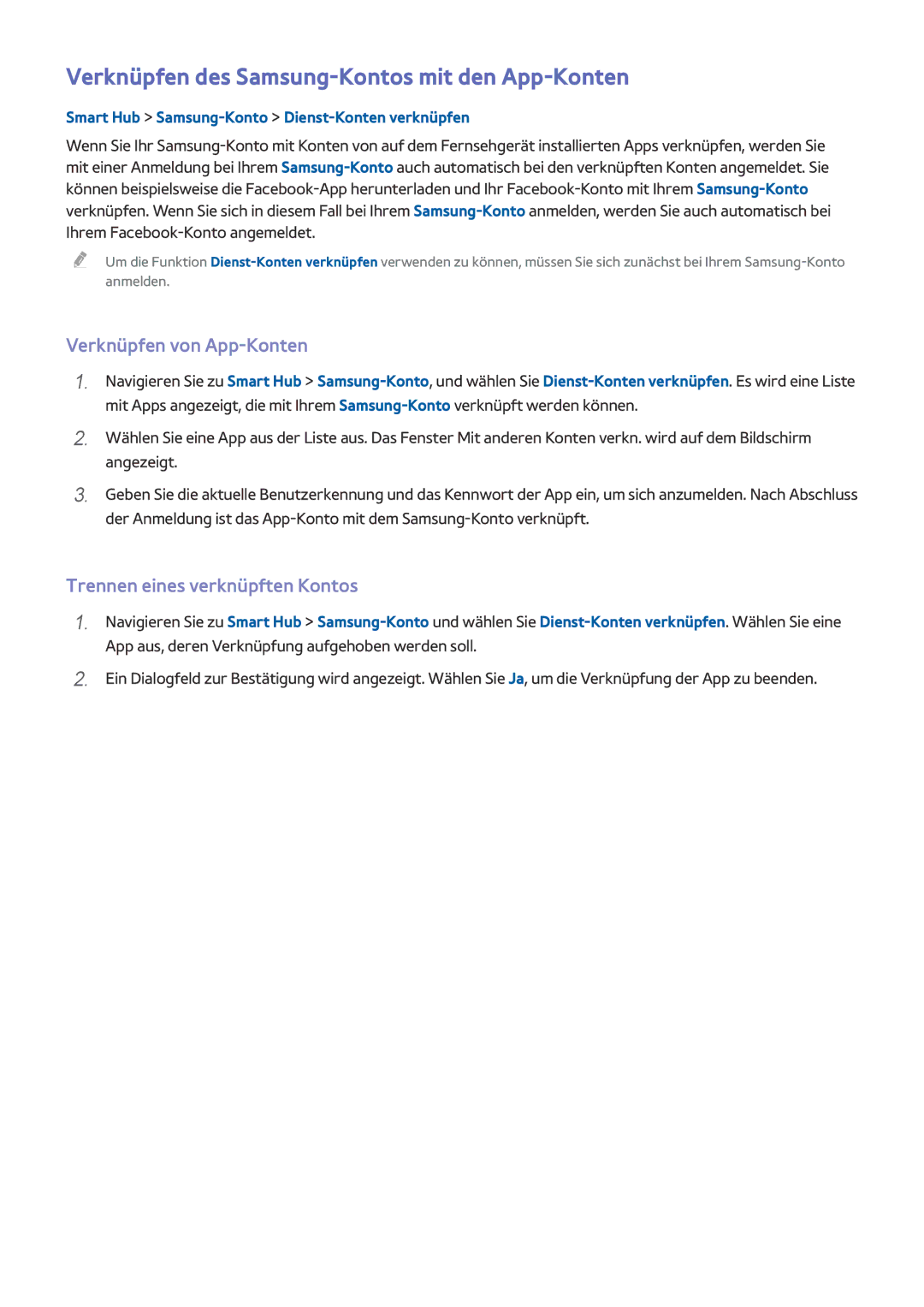 Samsung UE32J4500AWXXH, UE40J5250SSXZG manual Verknüpfen des Samsung-Kontos mit den App-Konten, Verknüpfen von App-Konten 
