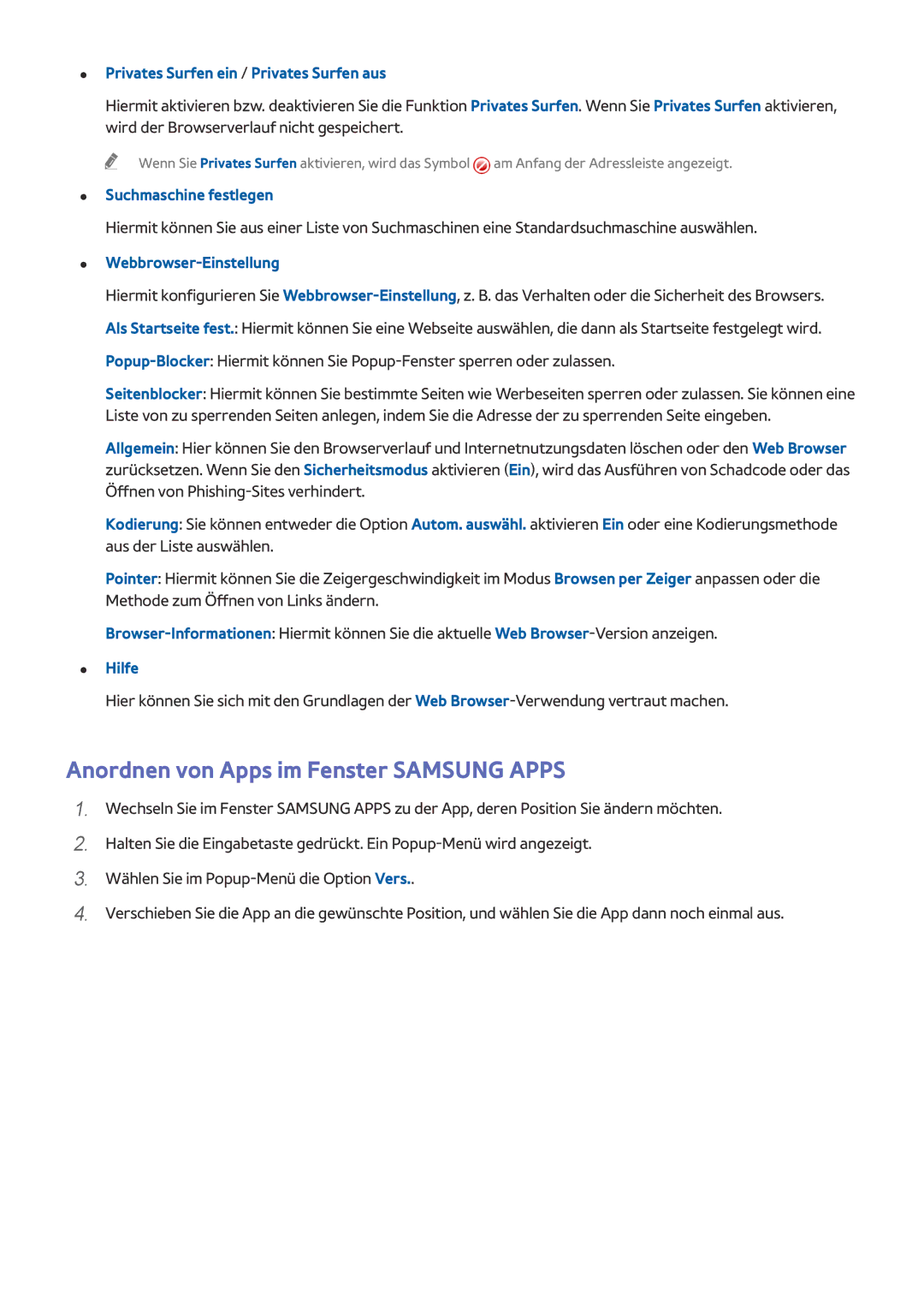 Samsung UE50J6100AWXZF manual Anordnen von Apps im Fenster Samsung Apps, Privates Surfen ein / Privates Surfen aus, Hilfe 