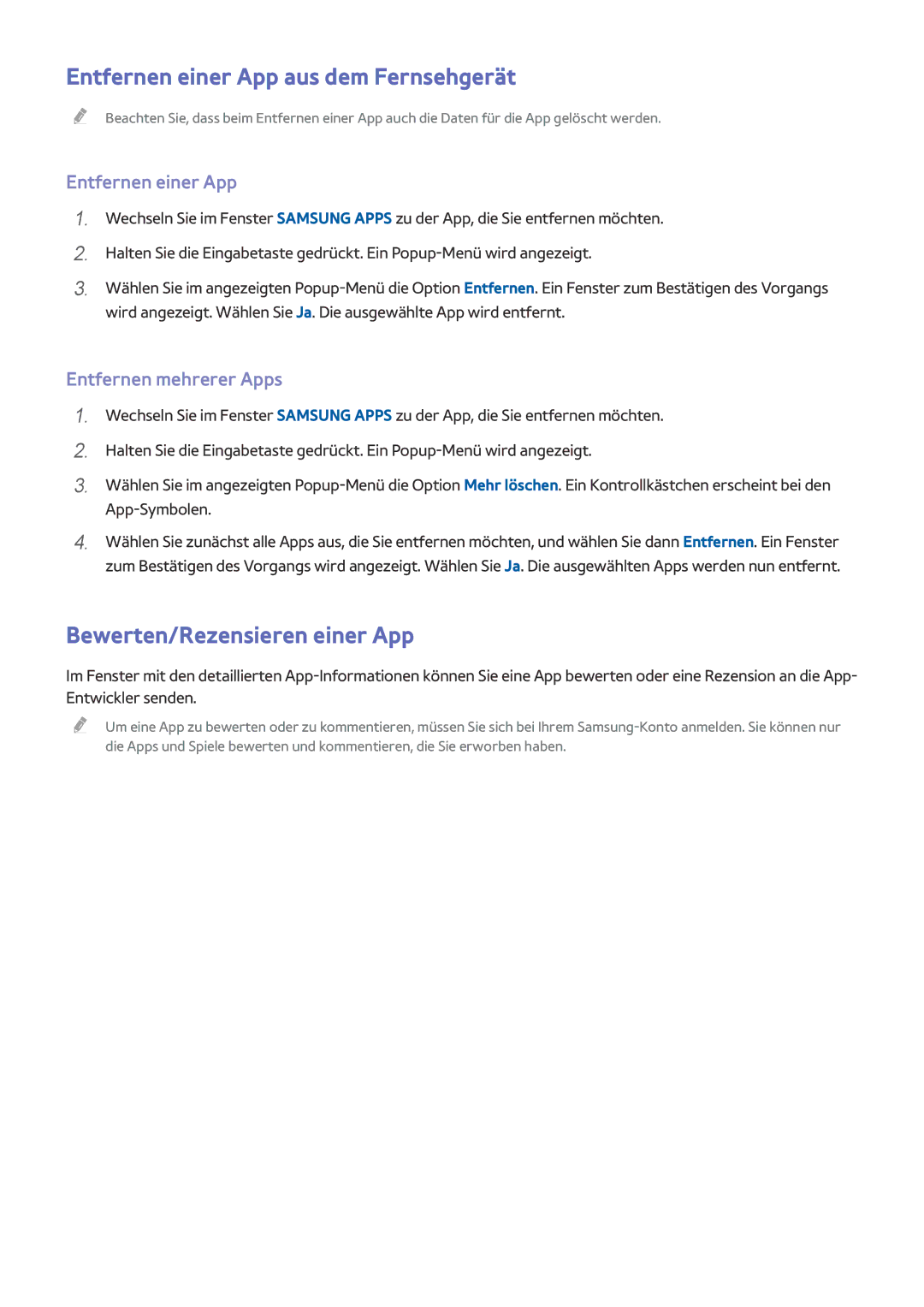 Samsung UE58J5200AWXZF Entfernen einer App aus dem Fernsehgerät, Bewerten/Rezensieren einer App, Entfernen mehrerer Apps 