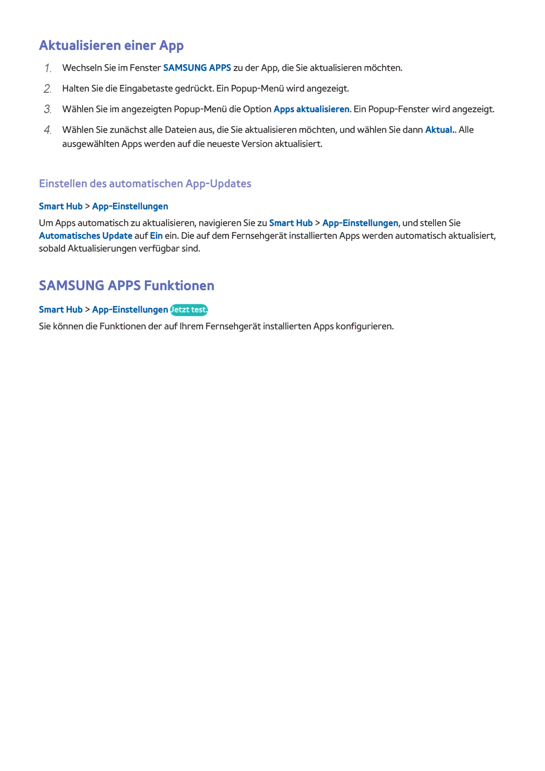 Samsung UE40J5250SSXZG manual Aktualisieren einer App, Samsung Apps Funktionen, Einstellen des automatischen App-Updates 