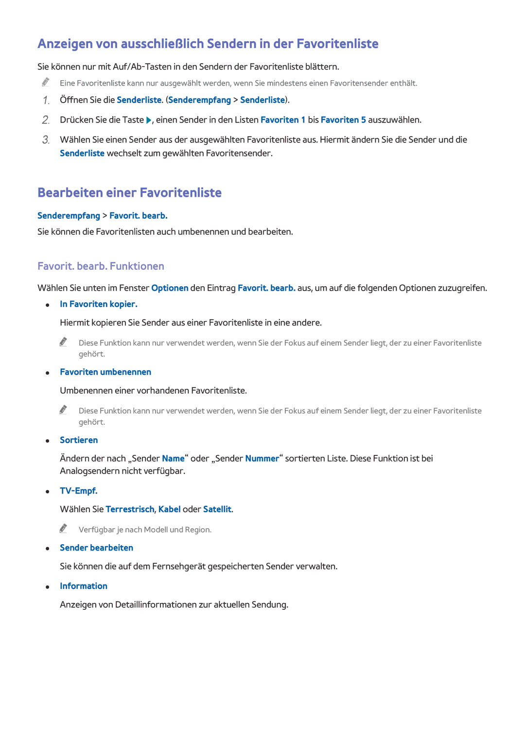 Samsung UE58J5200AWXZF manual Anzeigen von ausschließlich Sendern in der Favoritenliste, Bearbeiten einer Favoritenliste 