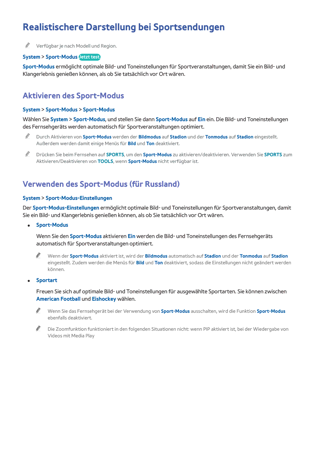 Samsung UE48J5250SSXZG, UE40J5250SSXZG manual Realistischere Darstellung bei Sportsendungen, Aktivieren des Sport-Modus 