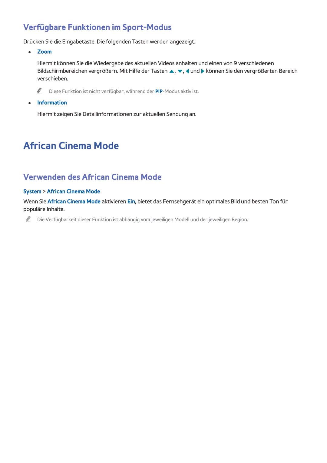 Samsung UE58J5200AWXXH, UE40J5250SSXZG manual Verfügbare Funktionen im Sport-Modus, Verwenden des African Cinema Mode 