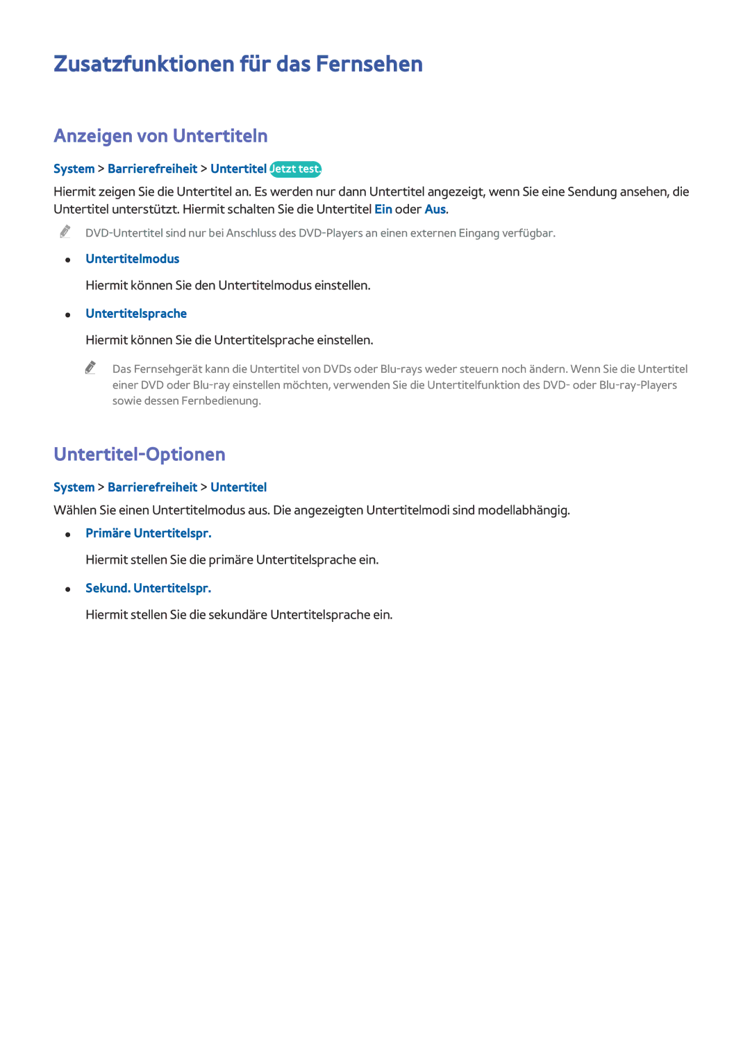Samsung UE32J4580SSXZG, UE40J5250SSXZG Zusatzfunktionen für das Fernsehen, Anzeigen von Untertiteln, Untertitel-Optionen 
