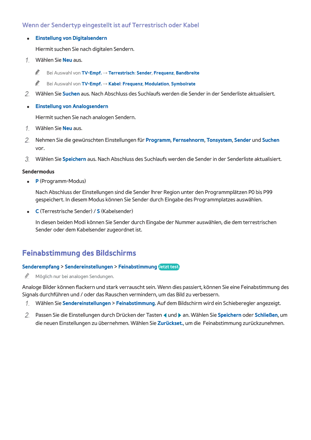 Samsung UE50J6170AUXZG manual Feinabstimmung des Bildschirms, Einstellung von Digitalsendern, Einstellung von Analogsendern 