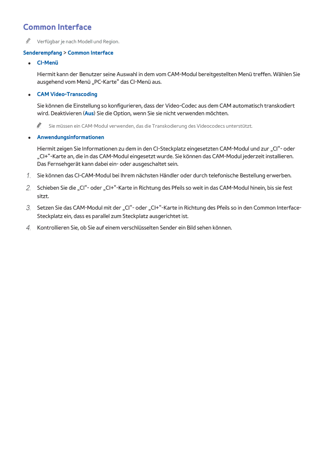 Samsung UE40J5270SSXZG manual Senderempfang Common Interface CI-Menü, CAM Video-Transcoding, Anwendungsinformationen 