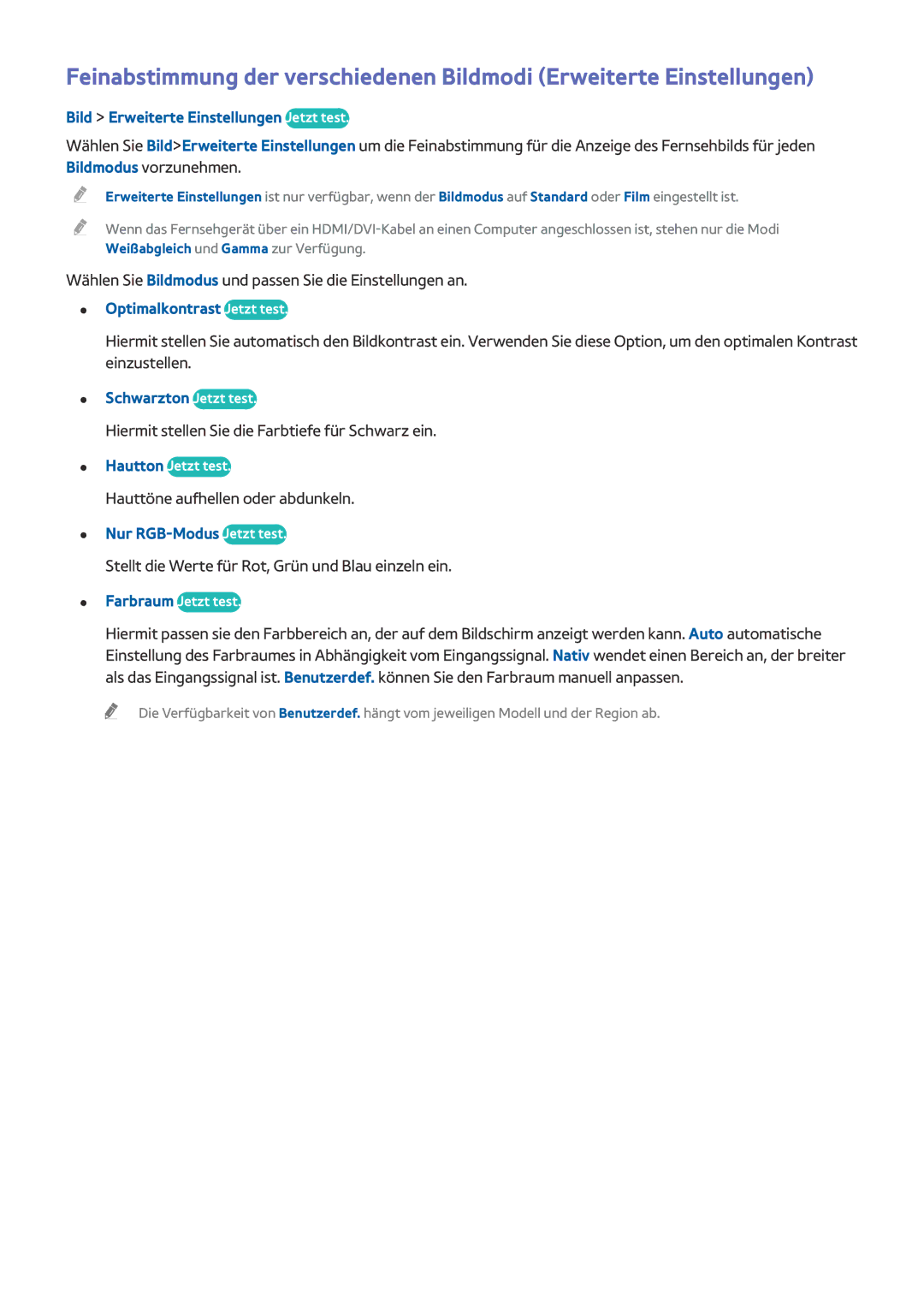 Samsung UE50J6100AWXZF manual Bild Erweiterte Einstellungen Jetzt test, Optimalkontrast Jetzt test, Schwarzton Jetzt test 