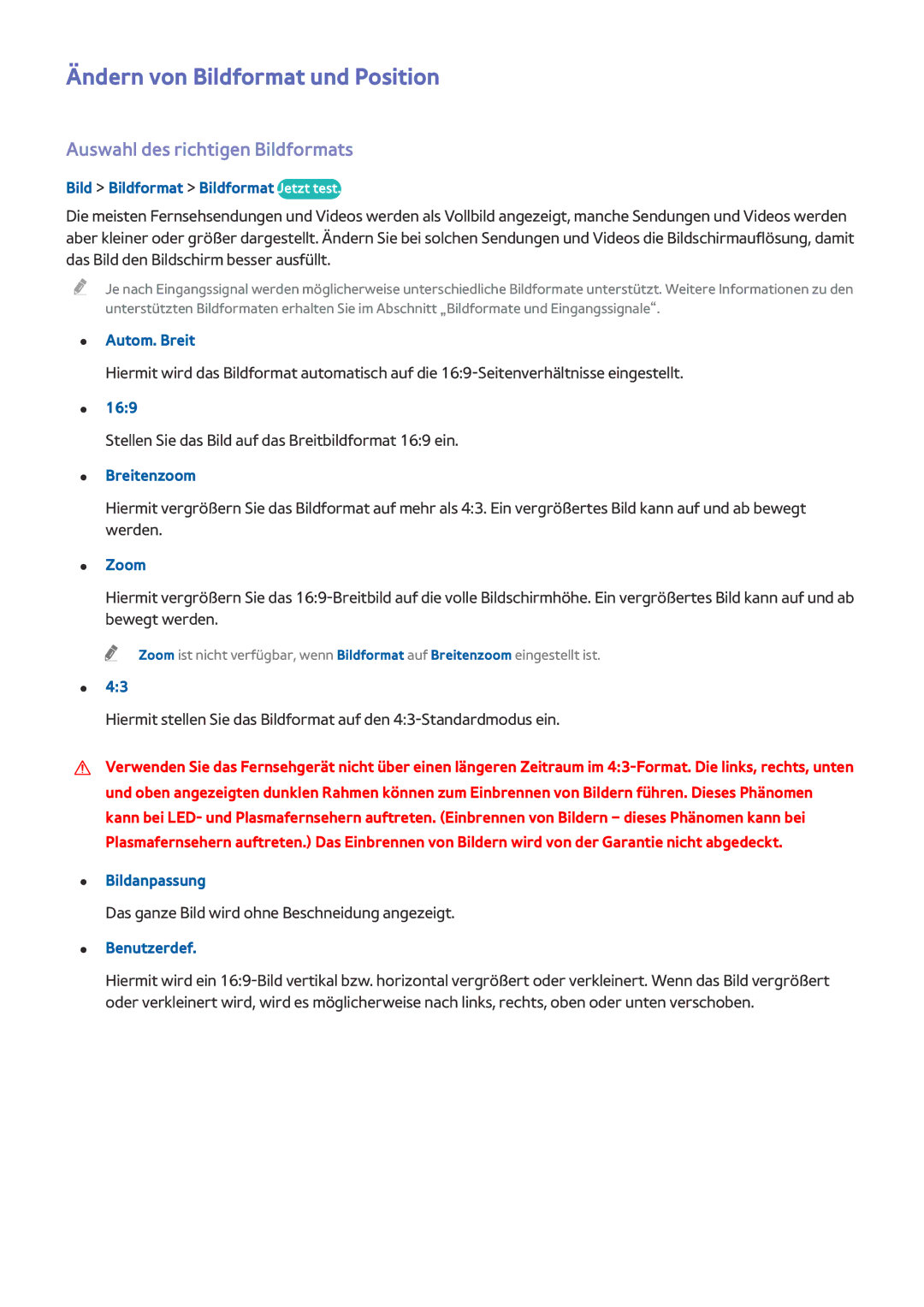 Samsung UE48J5250SSXZG, UE40J5250SSXZG manual Ändern von Bildformat und Position, Auswahl des richtigen Bildformats 