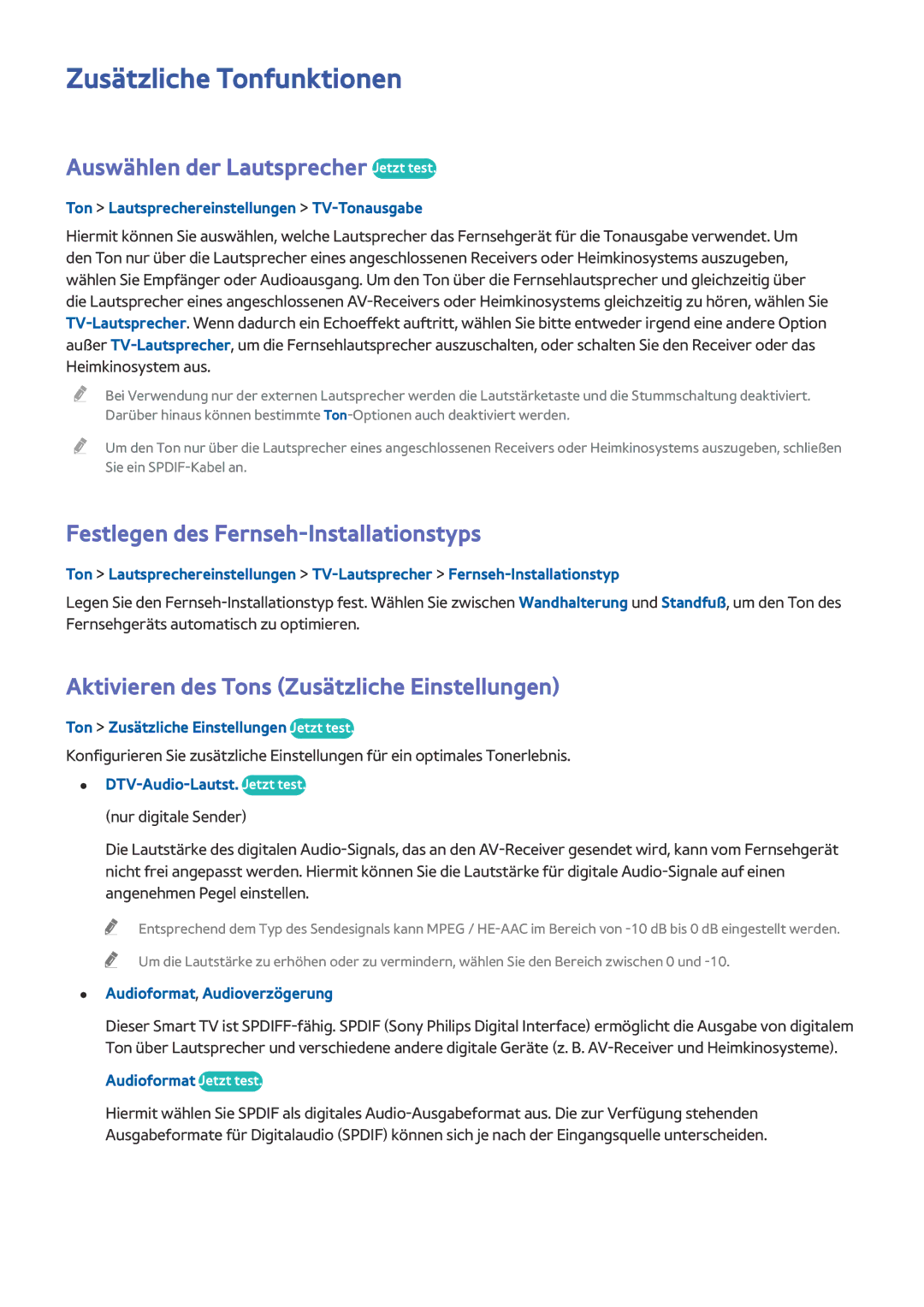 Samsung UE32J4510AWXXH, UE40J5250SSXZG, UE32J5250ASXZG Zusätzliche Tonfunktionen, Auswählen der Lautsprecher Jetzt test 