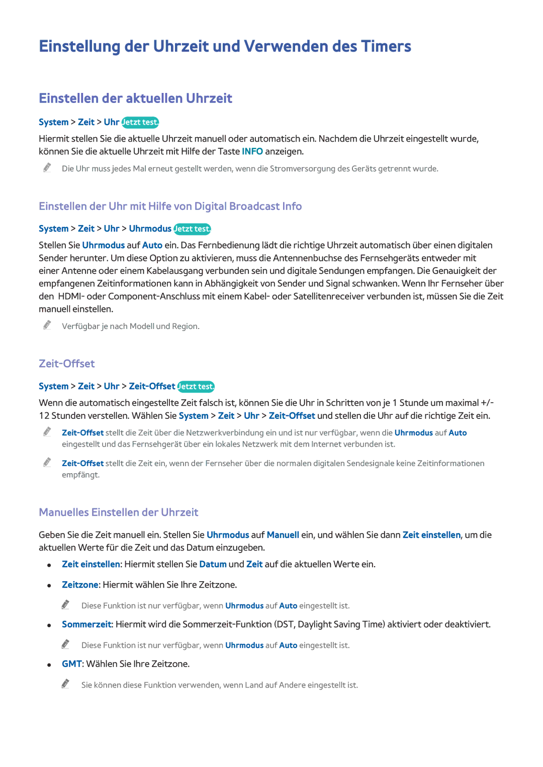 Samsung UE55J6150ASXZG Einstellung der Uhrzeit und Verwenden des Timers, Einstellen der aktuellen Uhrzeit, Zeit-Offset 