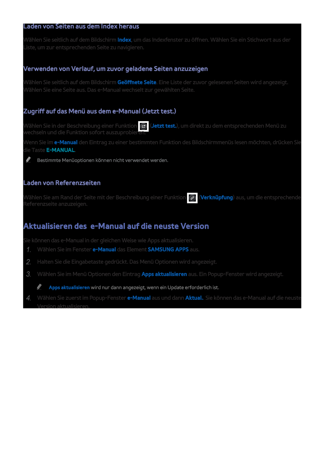 Samsung UE48J5200AWXZF manual Aktualisieren des e-Manual auf die neuste Version, Laden von Seiten aus dem Index heraus 