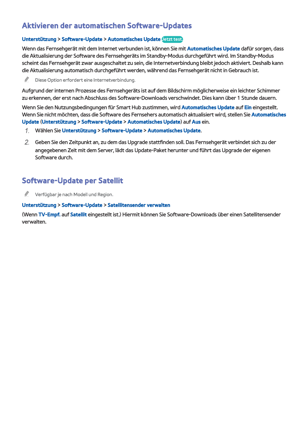 Samsung UE58J5200AWXZF, UE40J5250SSXZG manual Aktivieren der automatischen Software-Updates, Software-Update per Satellit 