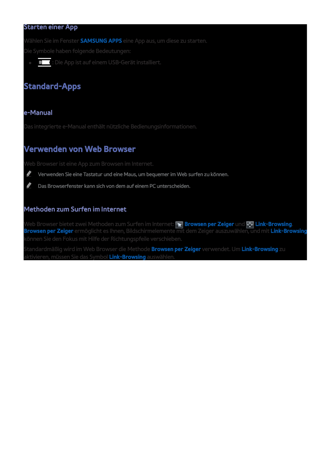 Samsung UE40J5270SSXZG, UE40J5250SSXZG manual Standard-Apps, Verwenden von Web Browser, Starten einer App, e-Manual 